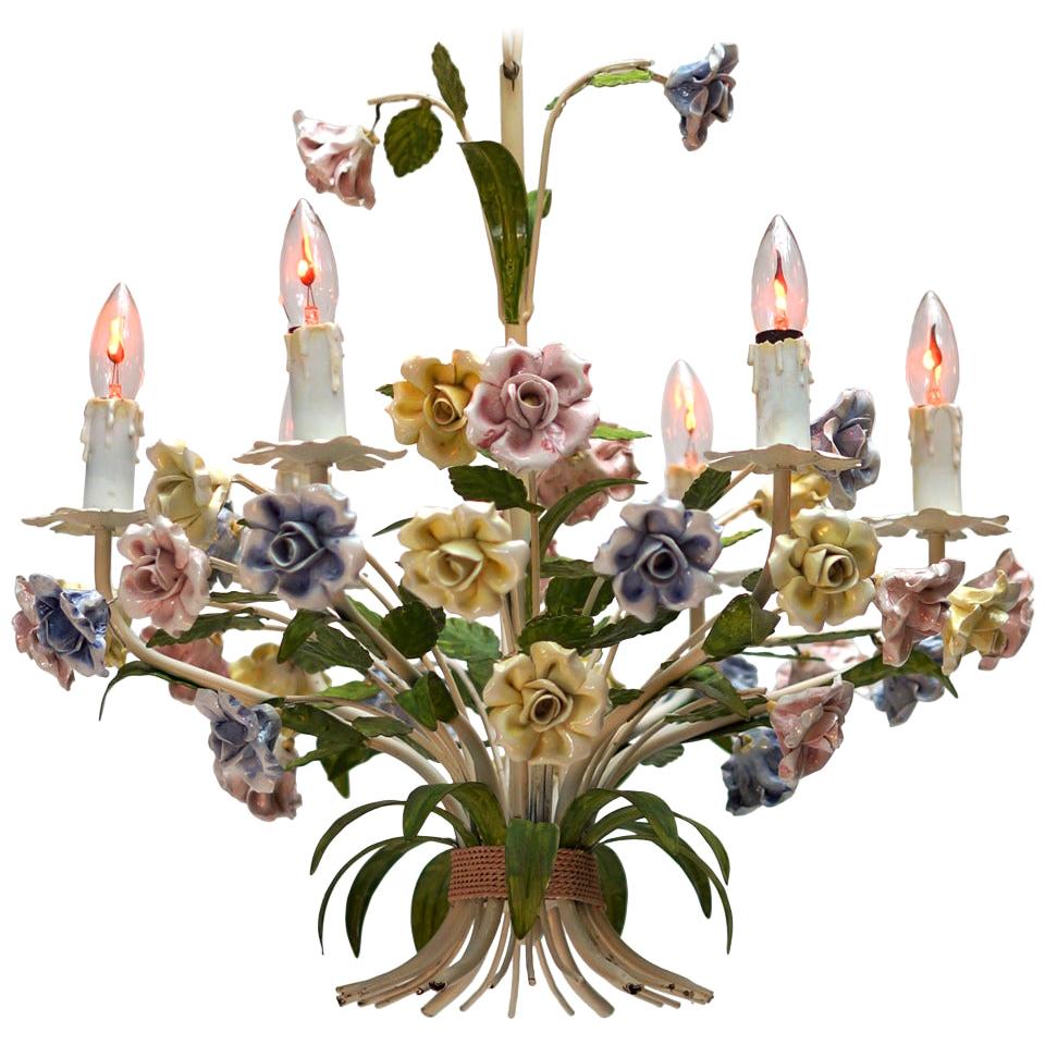 Italian Tole Chandelier with Porcelain Flowers