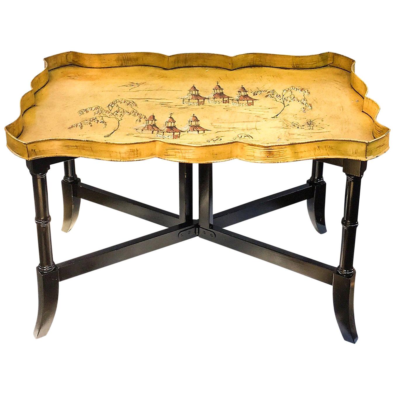 Italian Tole Chinoiserie Pagoda Tray Table on Faux Bamboo Base, 1950s For Sale