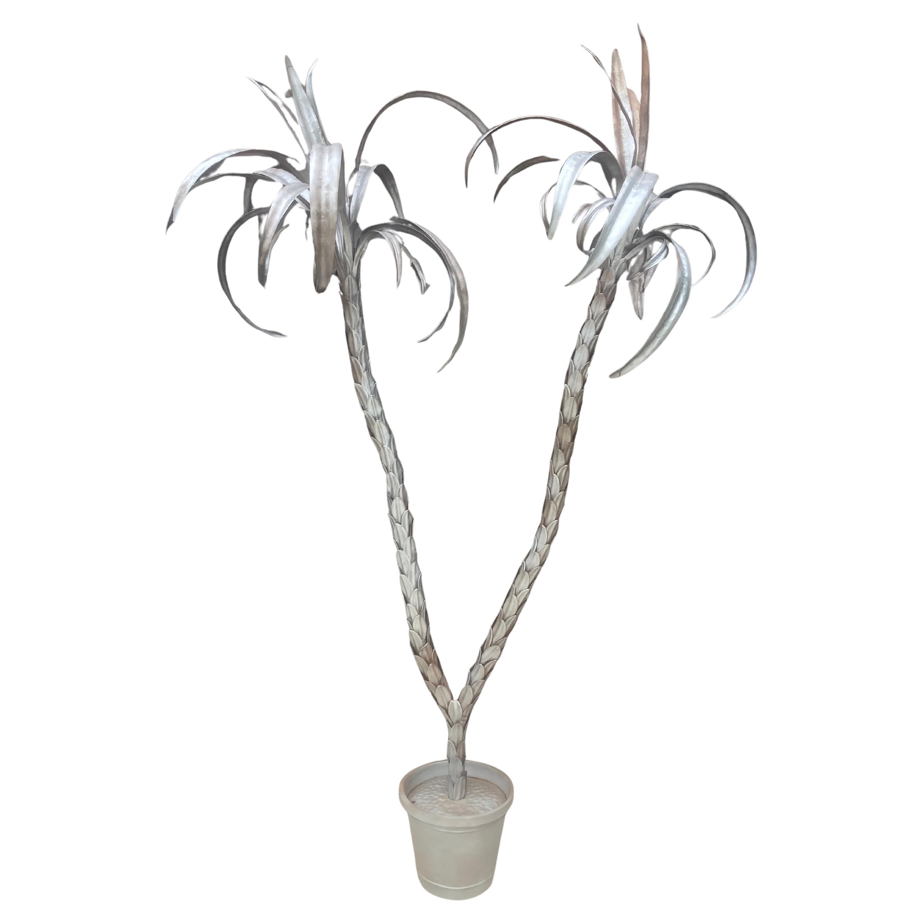 Italian Tole Double Palm Tree in Tole Pot - Silver Aged Bronze Patina For Sale