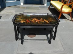 Italian Tole Figural Landscape Gallery Tray on Faux Bamboo Stand, Circa 1815