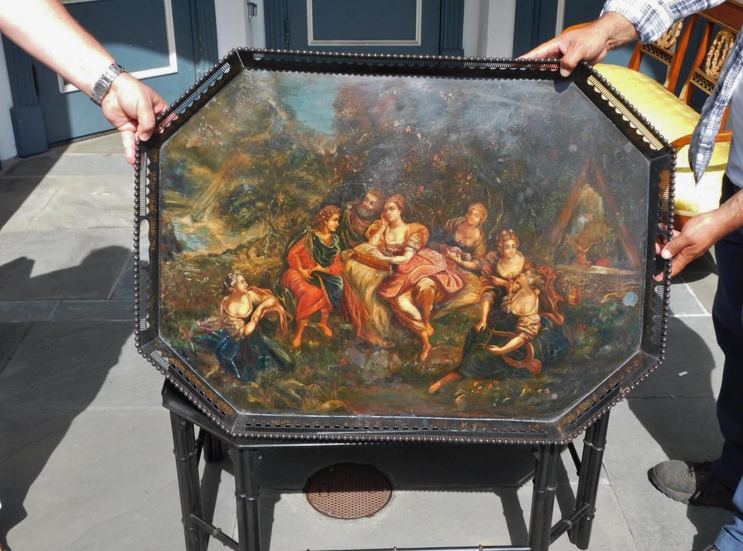 Tin Italian Tole Figural Landscape Gallery Tray on Faux Bamboo Stand, Circa 1815 For Sale