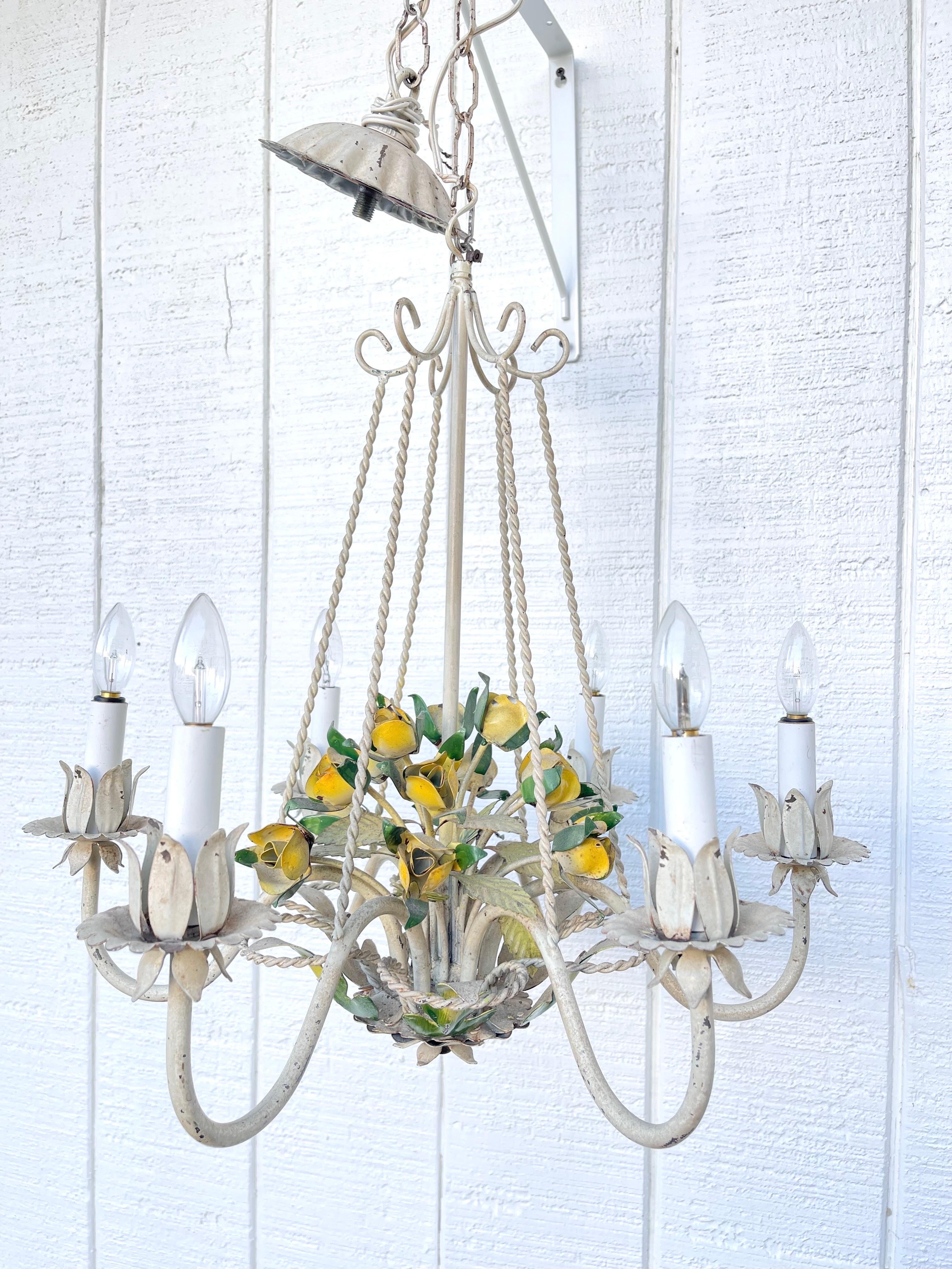 Country Italian Tole Floral Bouquet in Basket Chandelier For Sale