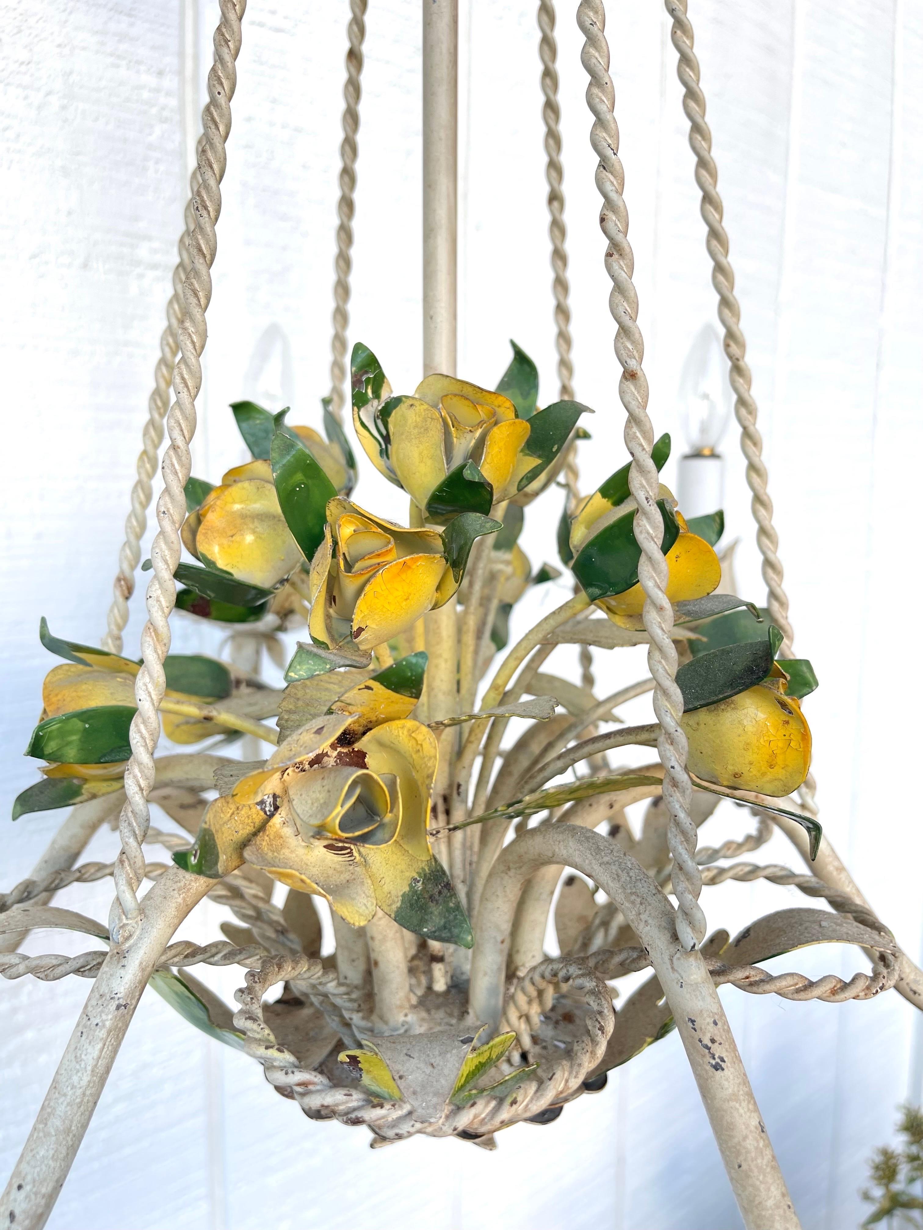 Italian Tole Floral Bouquet in Basket Chandelier In Good Condition For Sale In Redding, CT