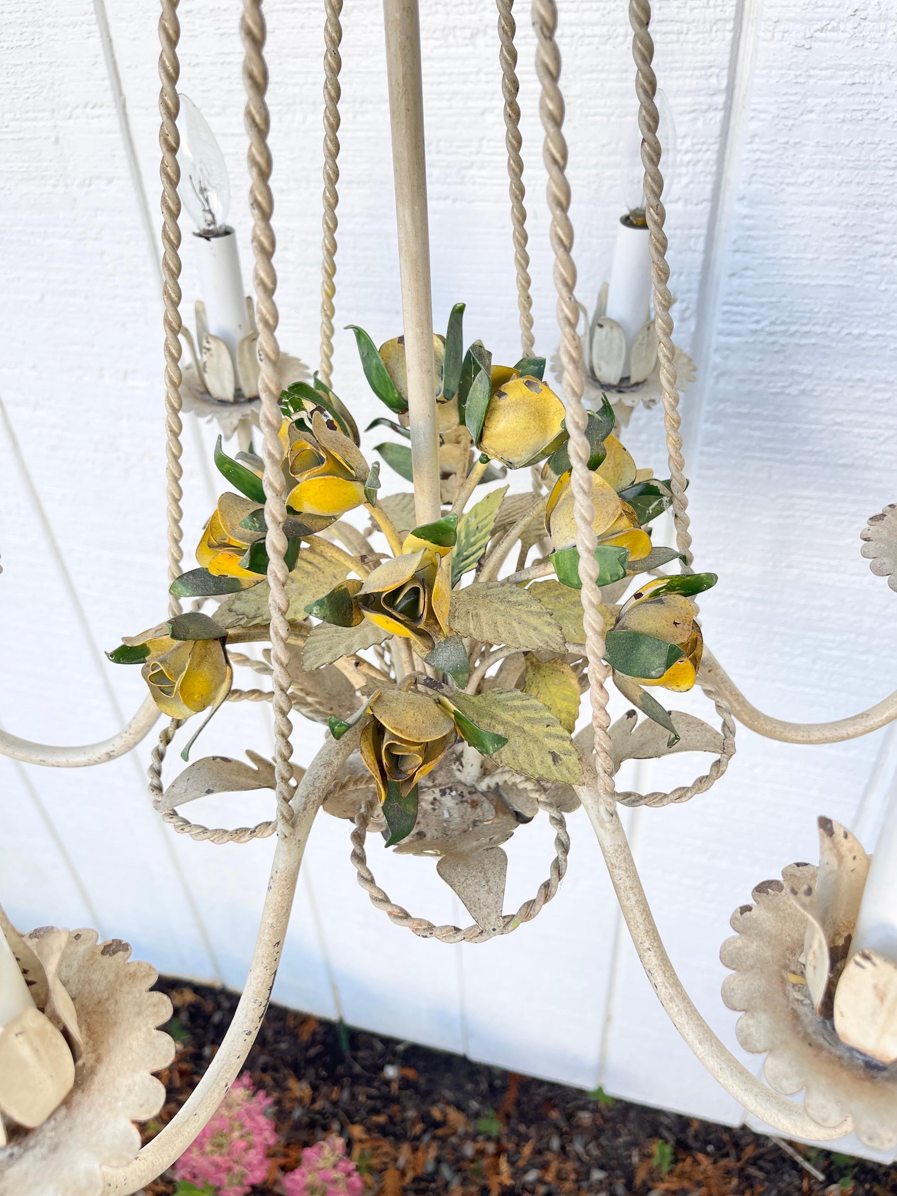 Mid-20th Century Italian Tole Floral Bouquet in Basket Chandelier For Sale