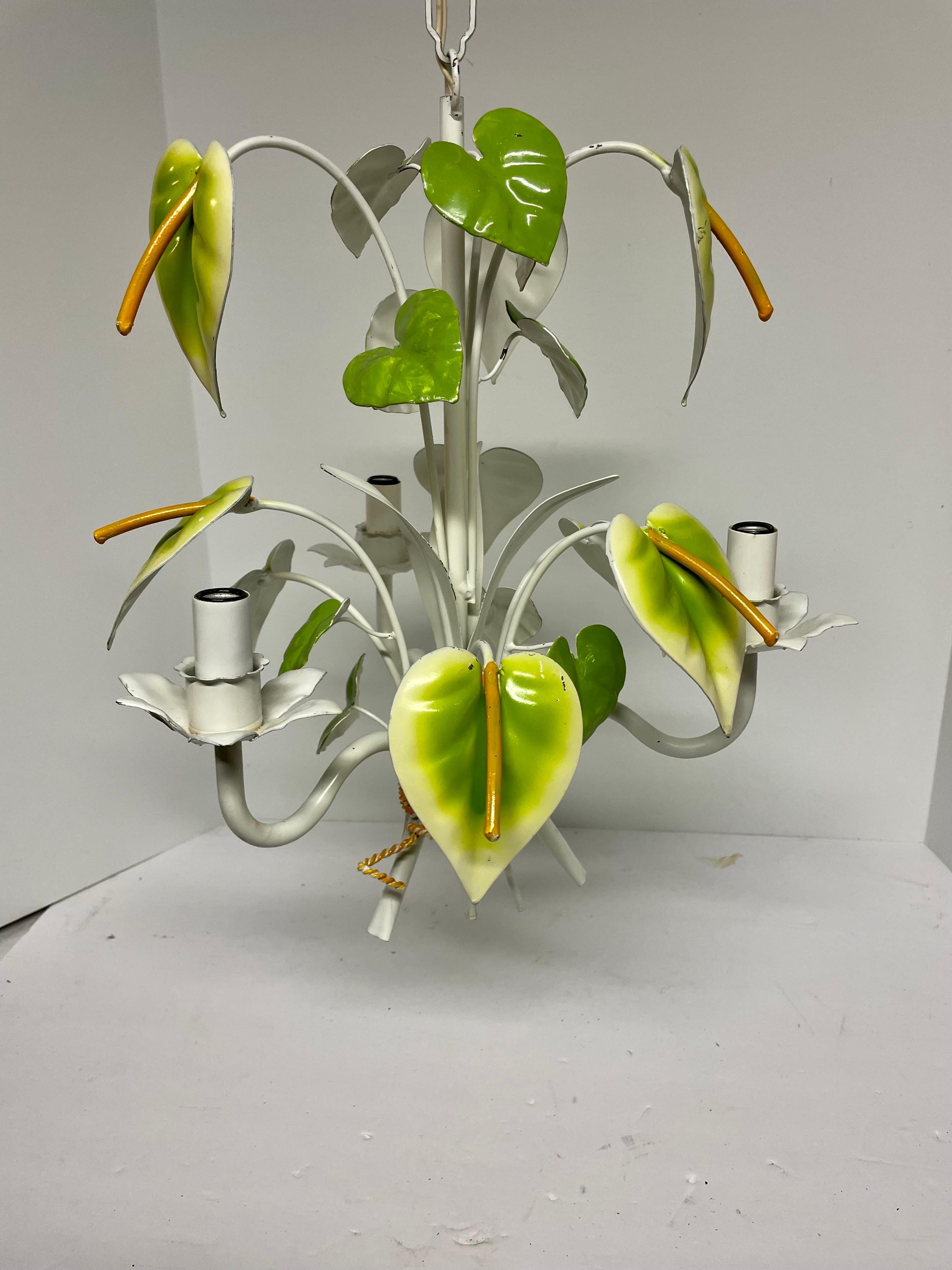 Italian Tole Floral Calla Lily chandelier. Three arms. 13
