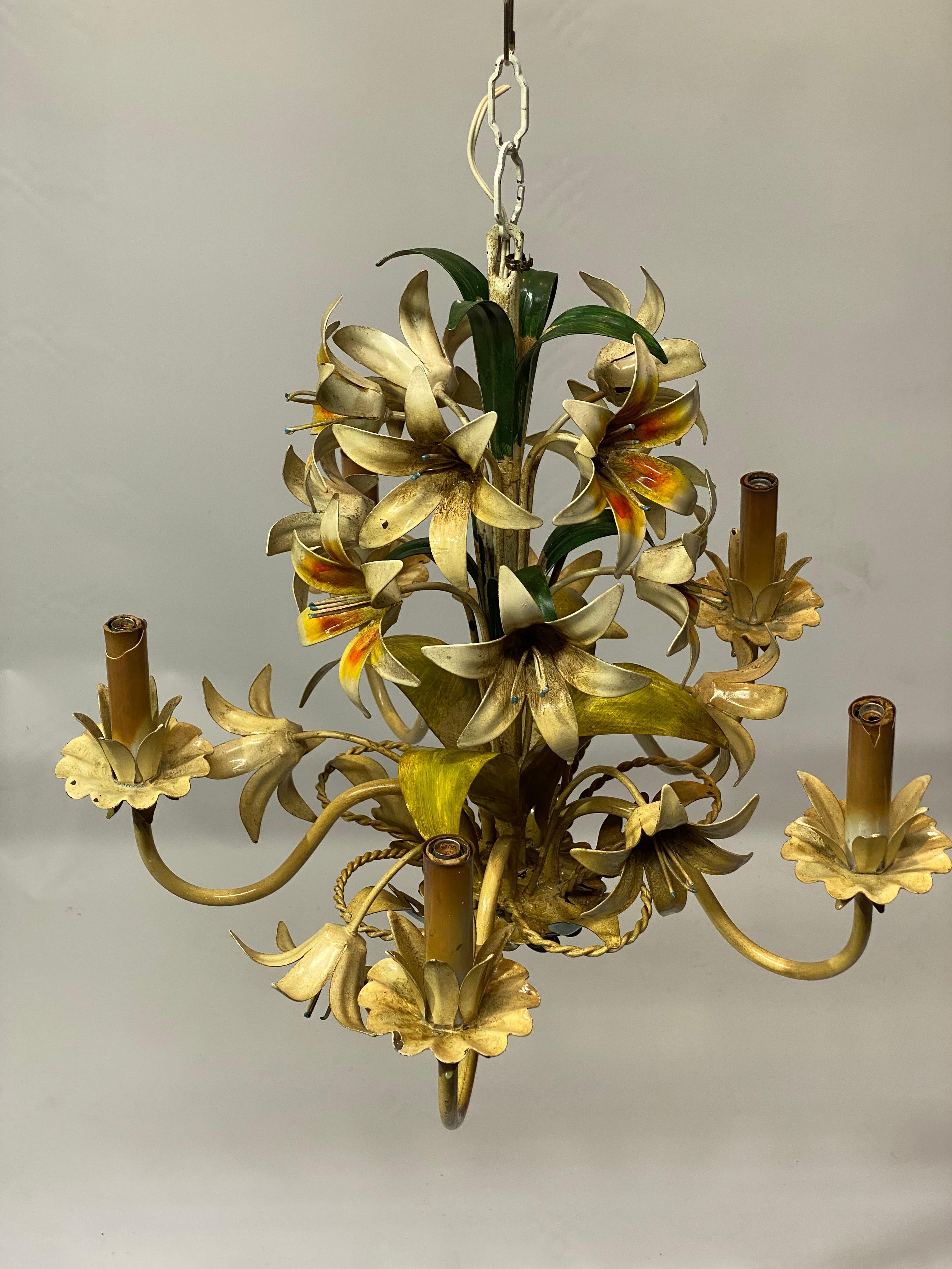 Mid-20th Century Italian Tole Floral Chandelier 1960s