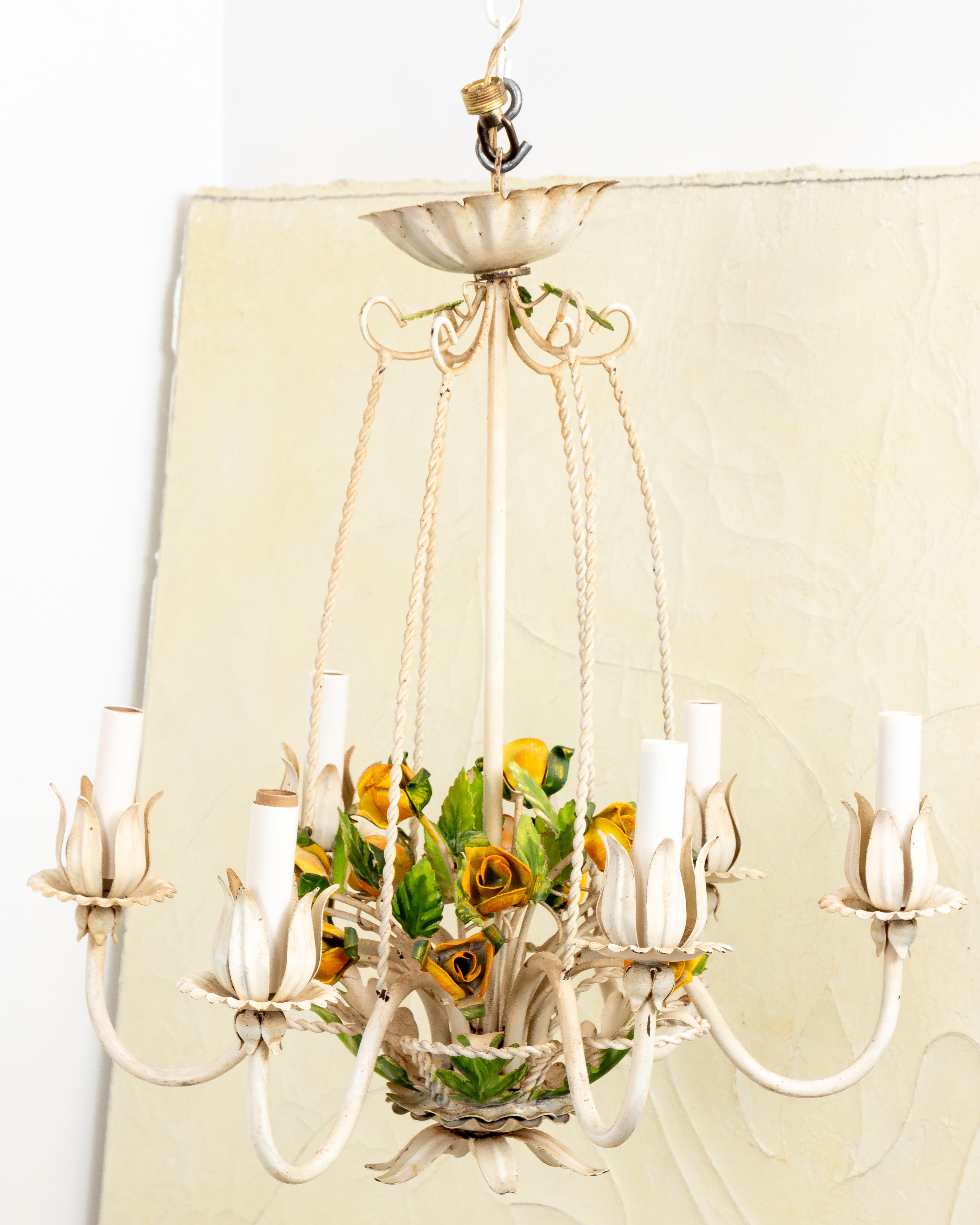 Hollywood Regency tole floral chandelier with roses. Original ceiling CAP. Made in Italy.