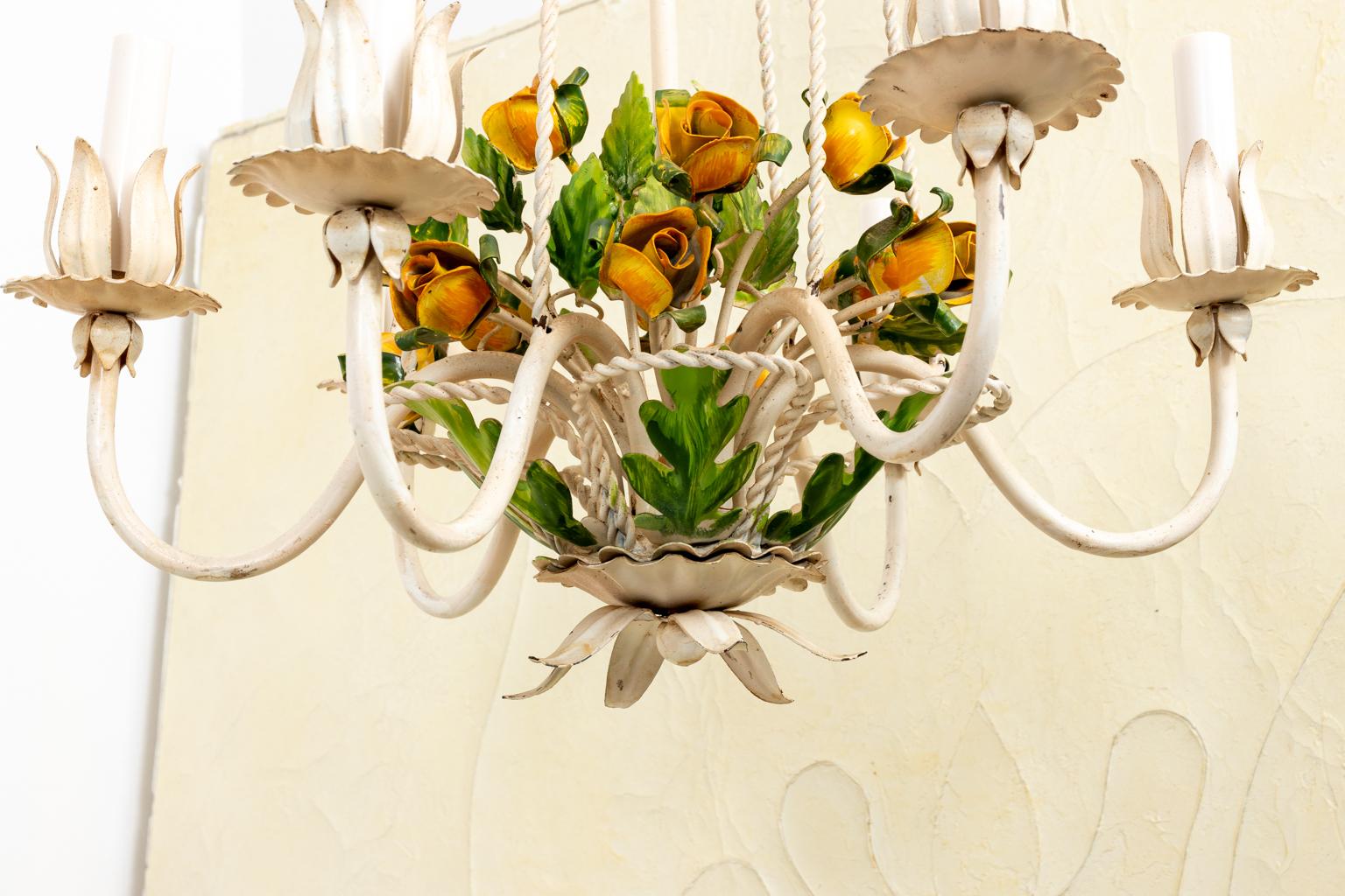 Painted Italian Tole Floral Chandelier with Roses