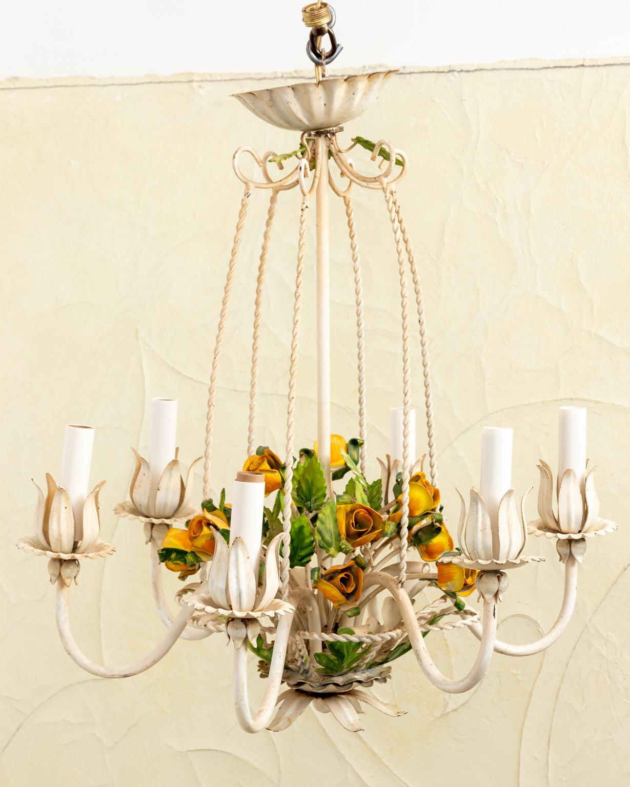 20th Century Italian Tole Floral Chandelier with Roses