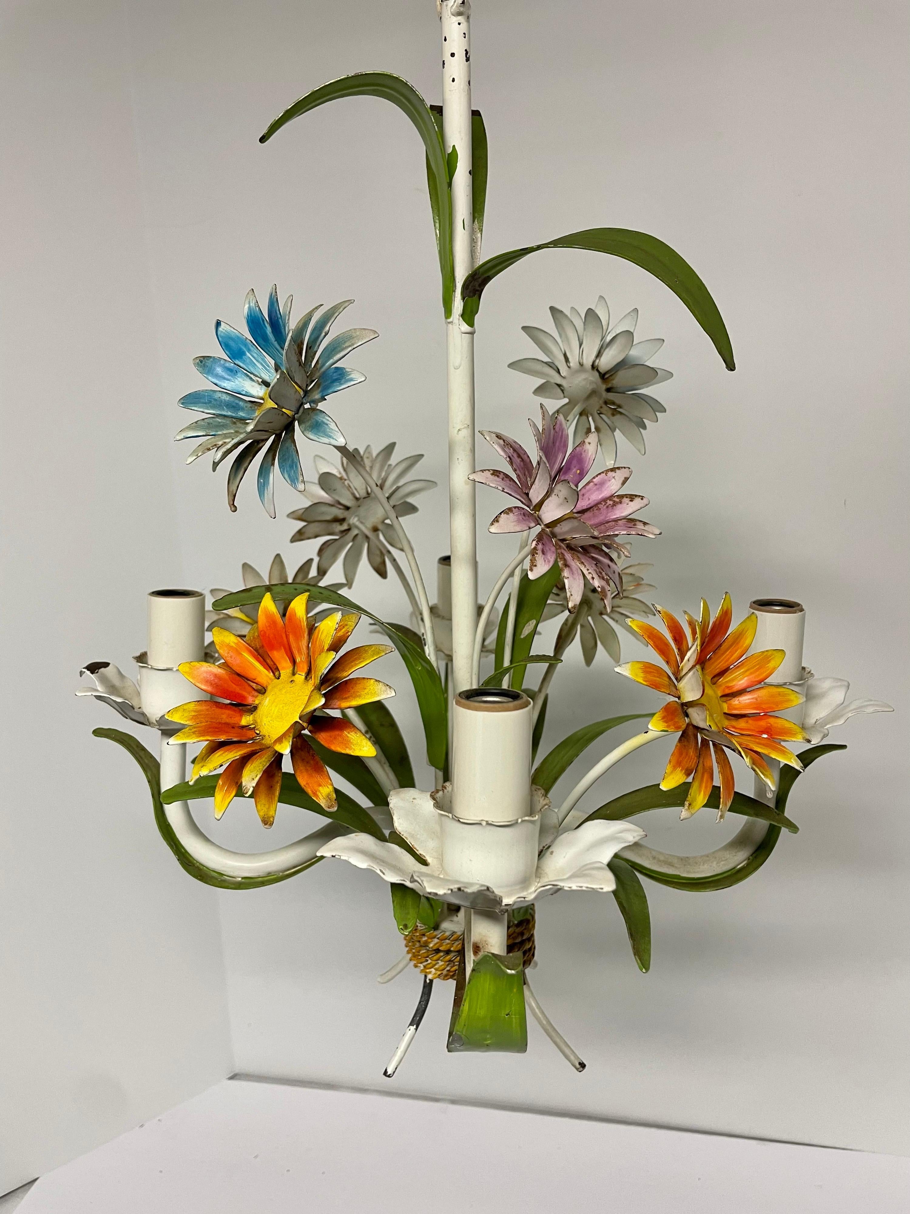 Italian Tole Floral Daisy chandelier. Looks like a bouquet of daisy's. Four arms. 13