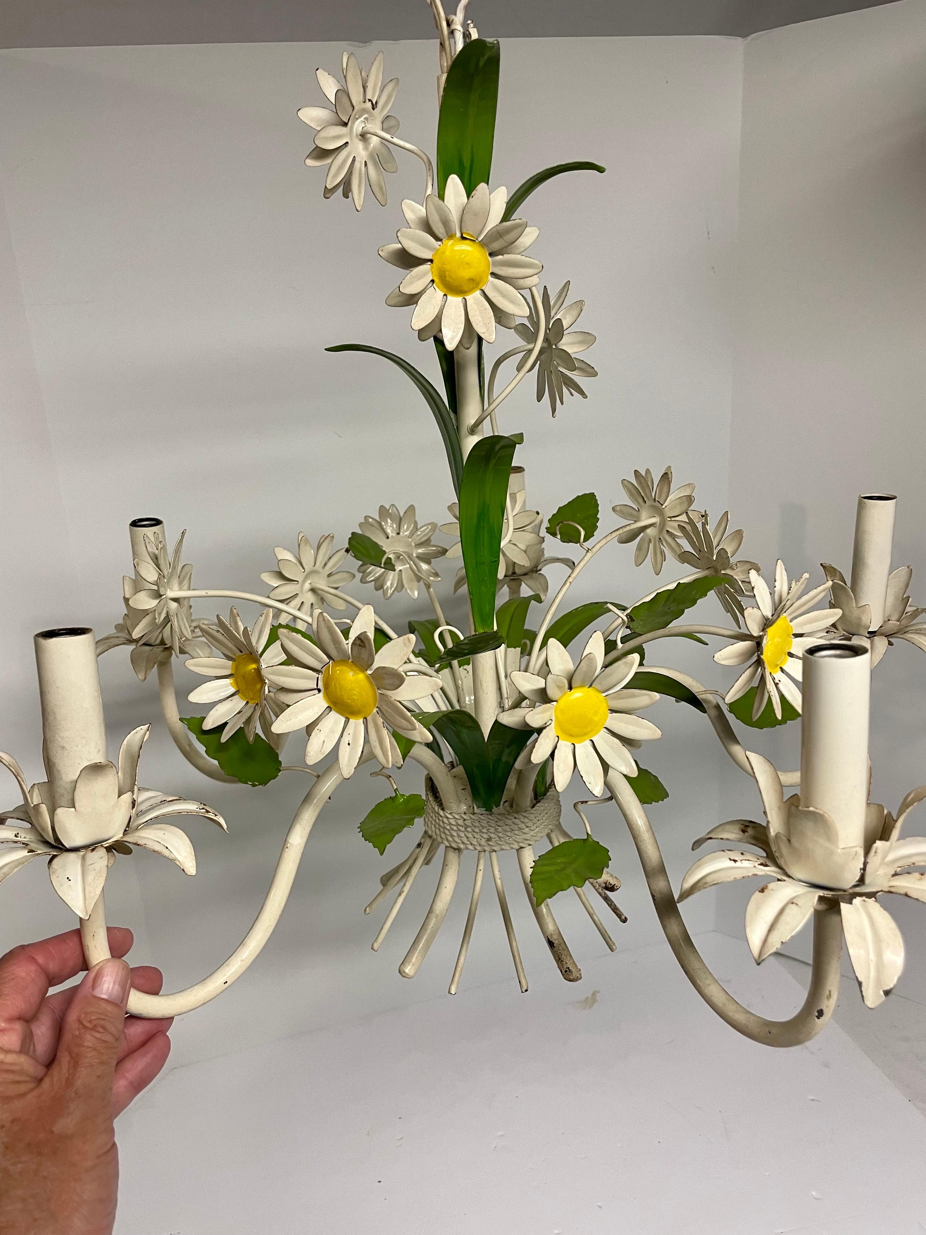 Italian Tole Floral Daisy chandelier. Looks like a bouquet of daisy's. Five arms. 22