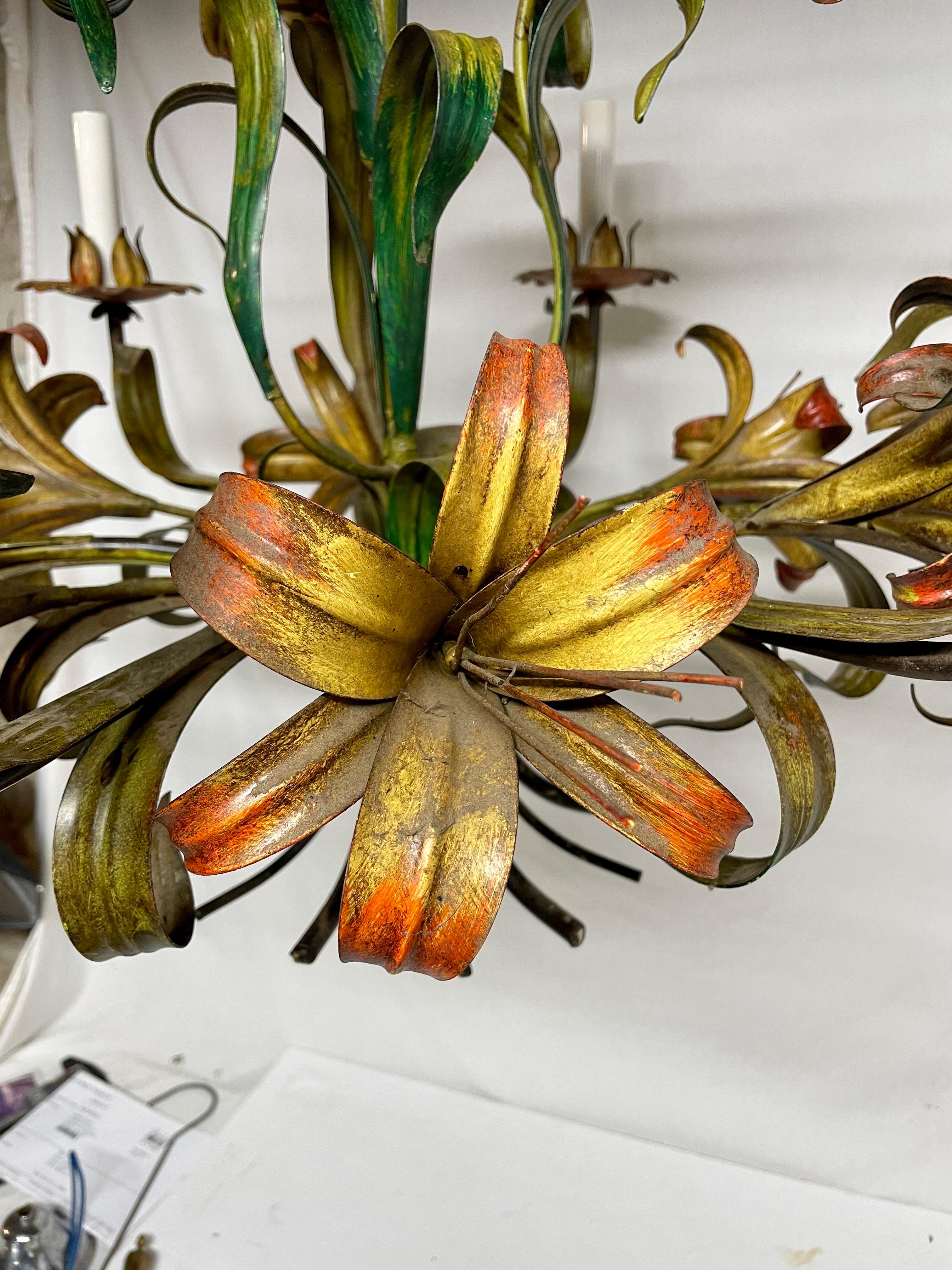Italian Tole Floral Six Arm Chandelier with Lilies For Sale 3