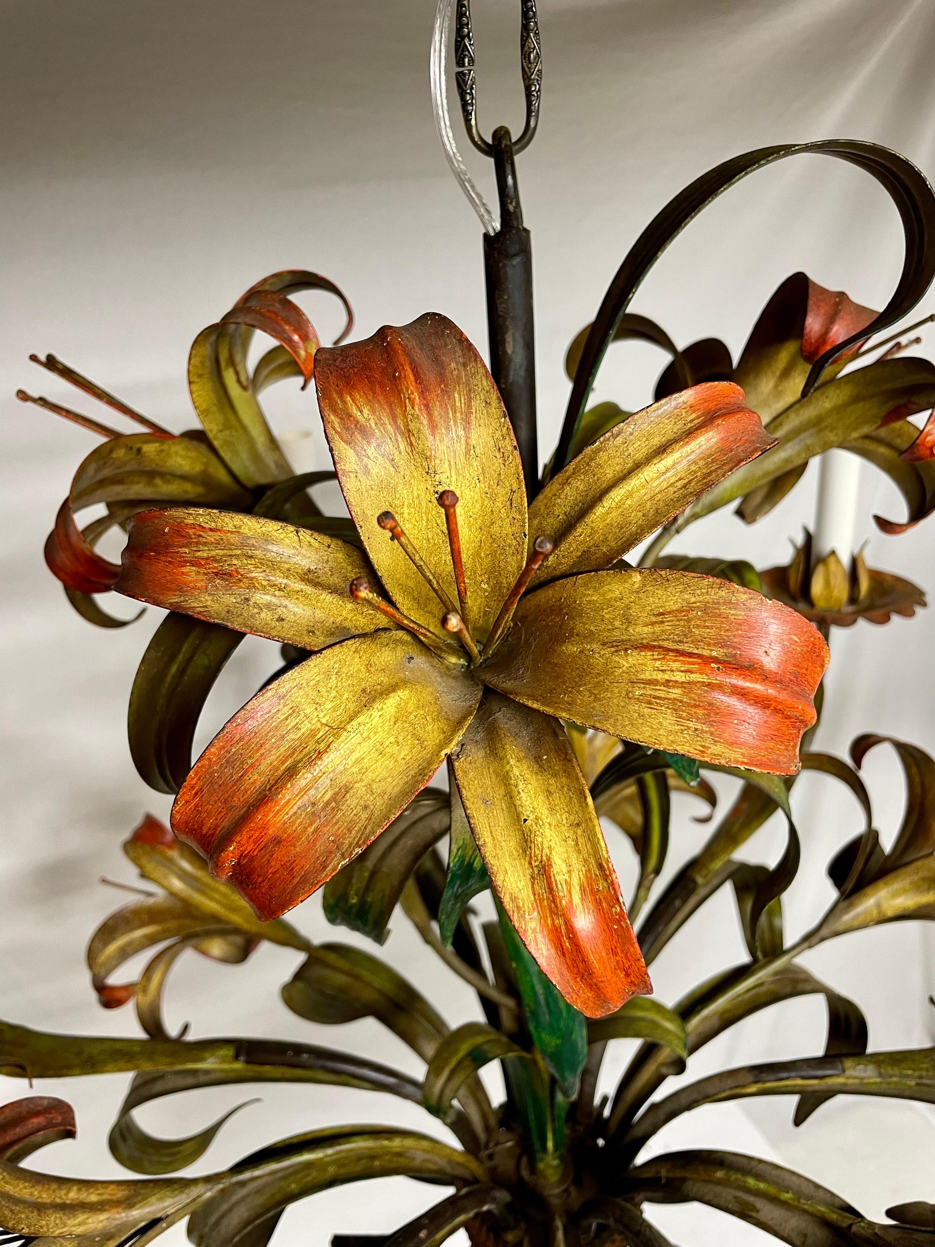 Italian Tole Floral Six Arm Chandelier with Lilies For Sale 4