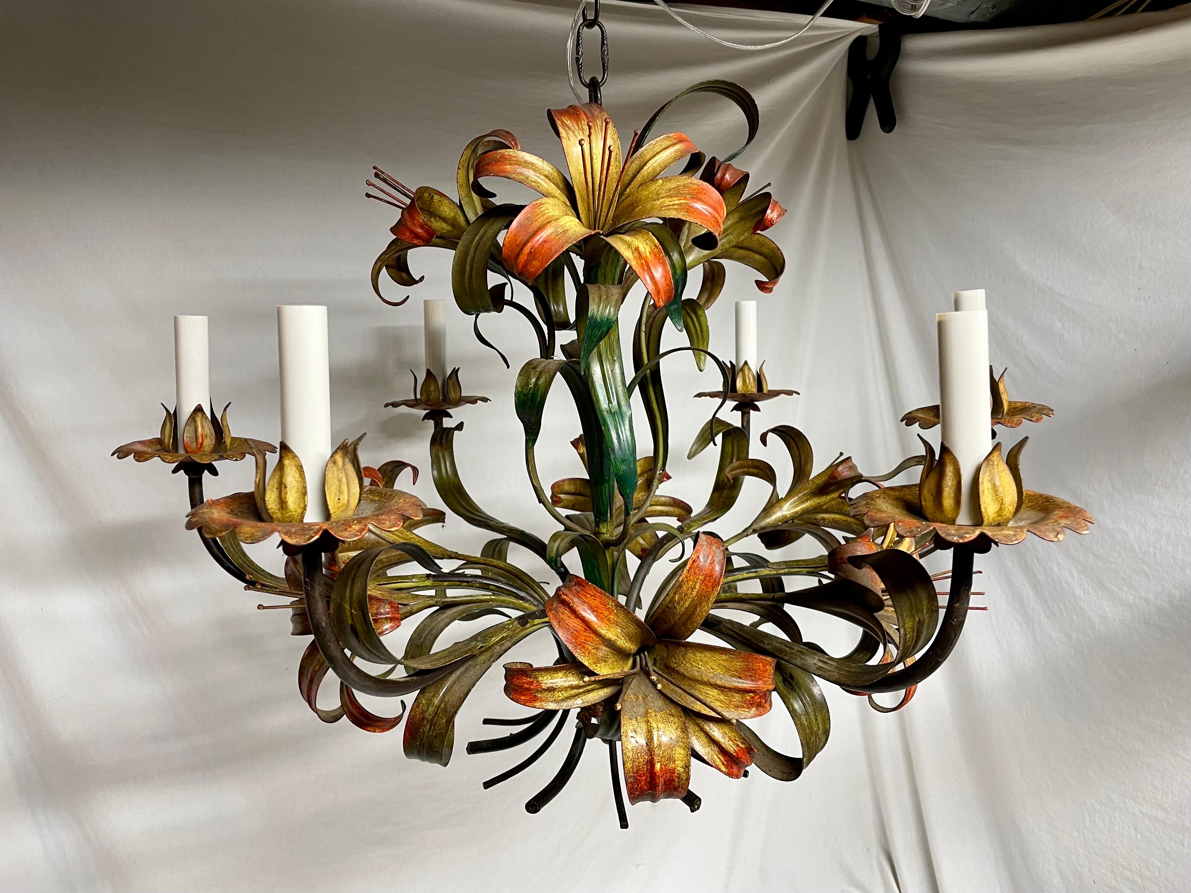 Hollywood Regency Italian Tole Floral Six Arm Chandelier with Lilies For Sale