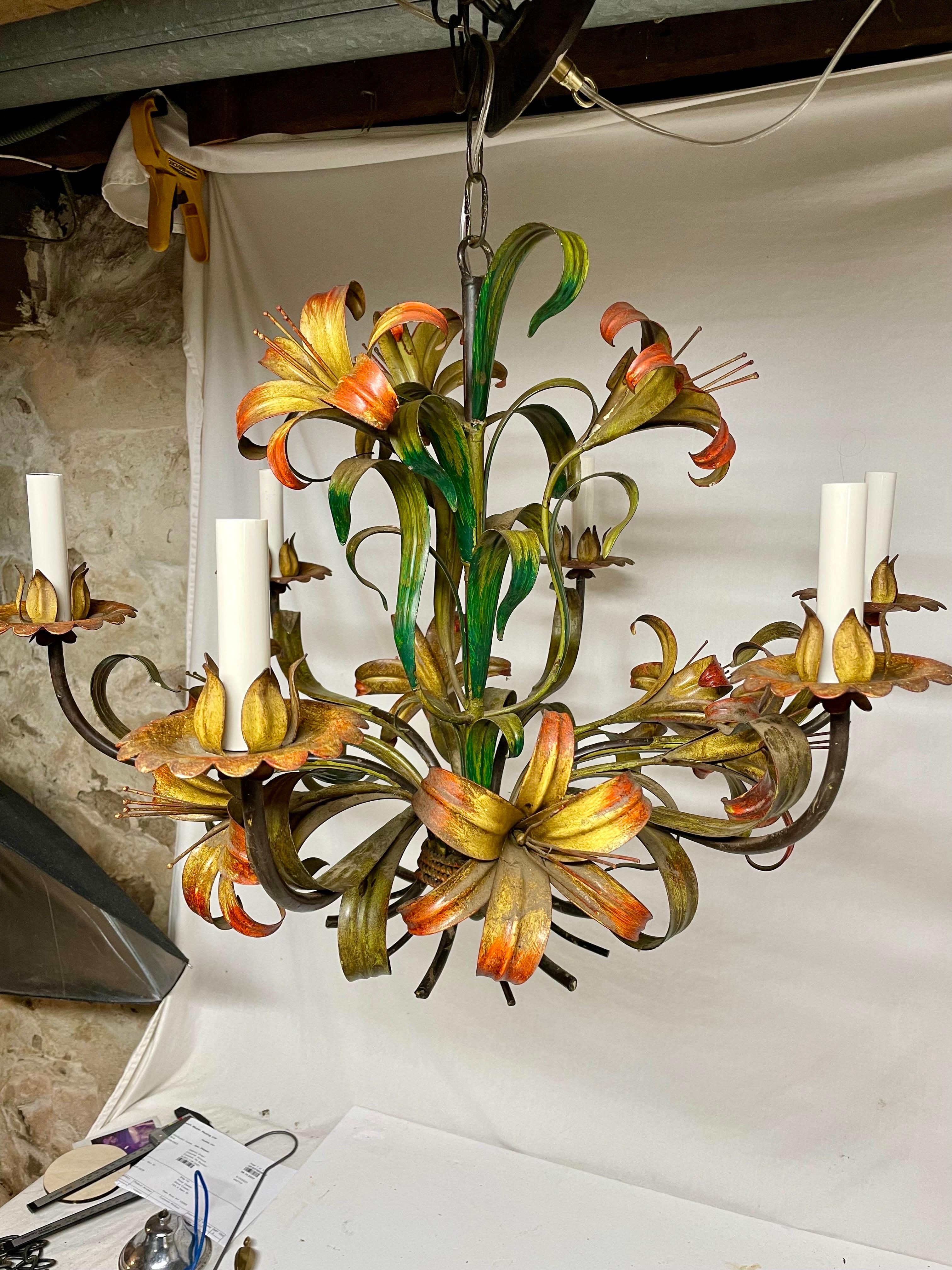 Hand-Painted Italian Tole Floral Six Arm Chandelier with Lilies For Sale