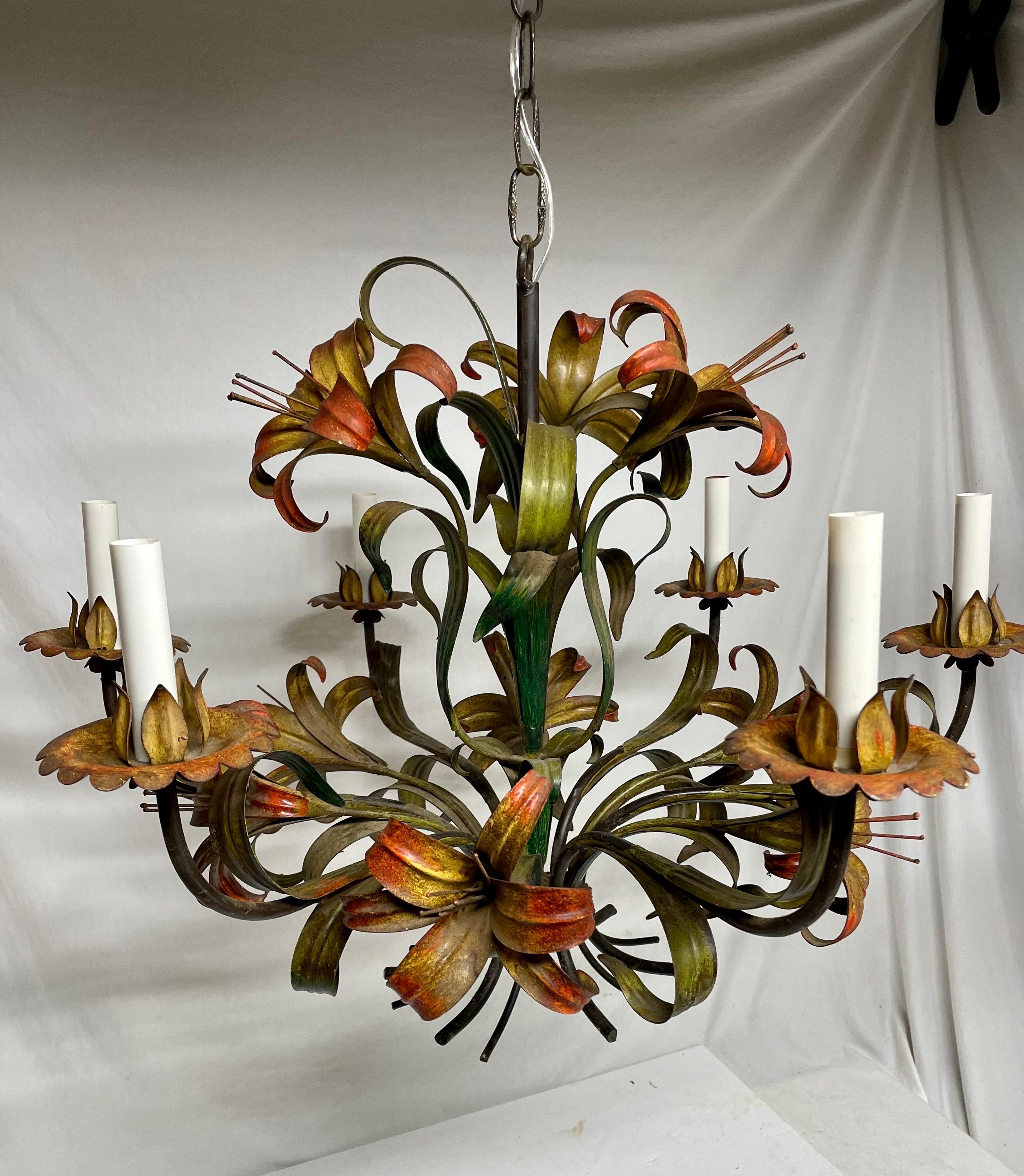 Italian Tole Floral Six Arm Chandelier with Lilies In Good Condition For Sale In New York, NY