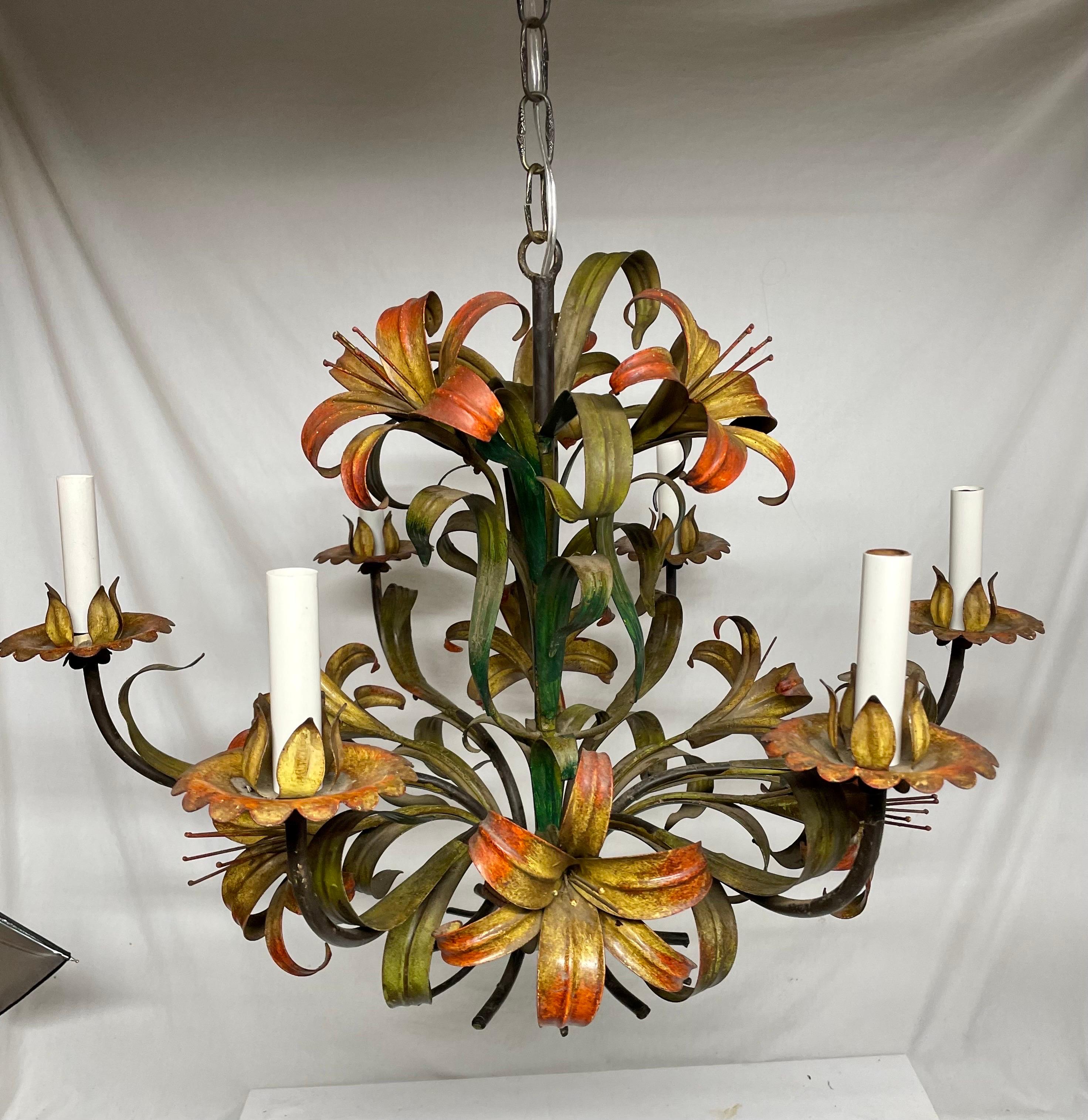 20th Century Italian Tole Floral Six Arm Chandelier with Lilies For Sale