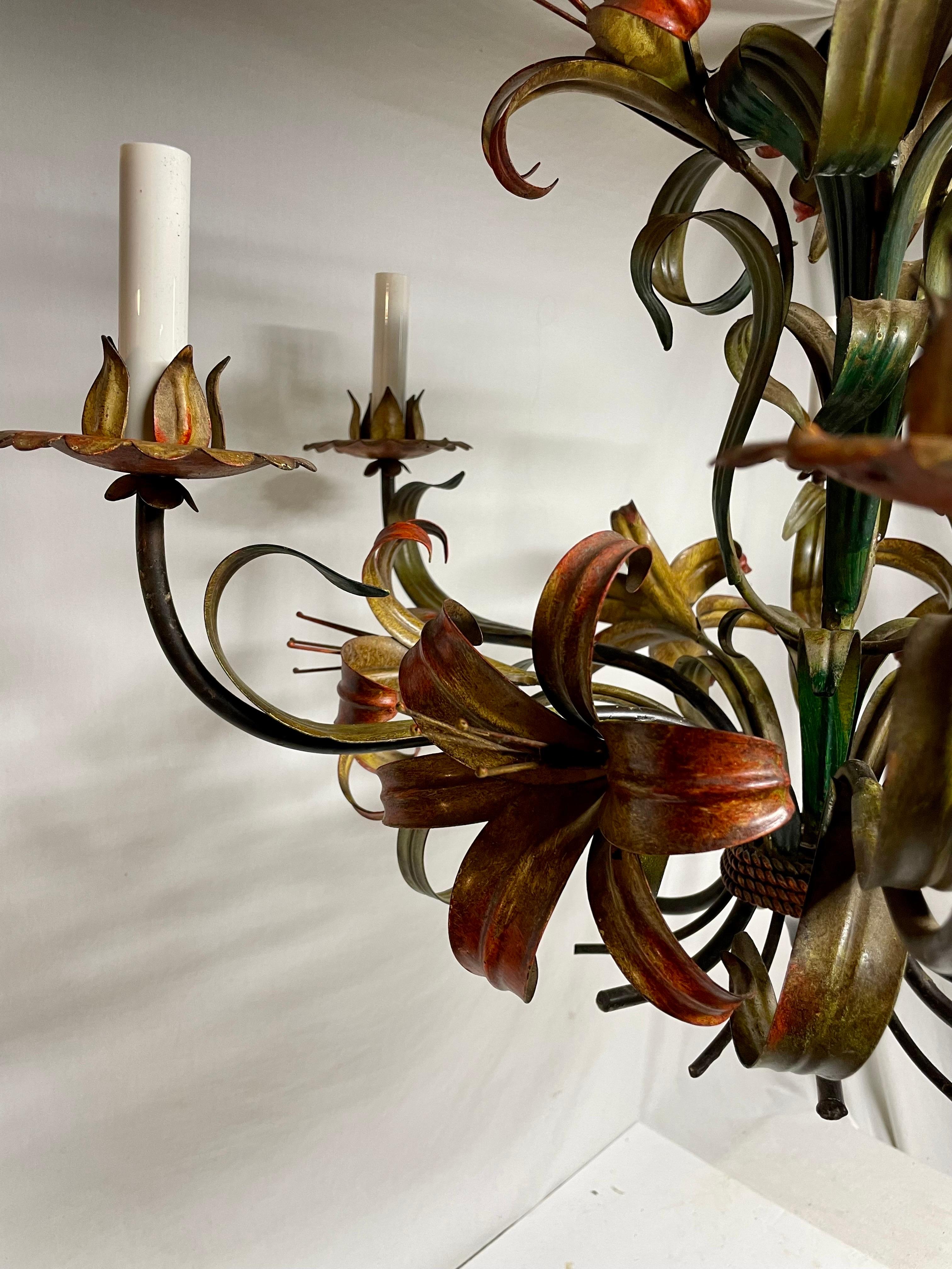 Steel Italian Tole Floral Six Arm Chandelier with Lilies For Sale