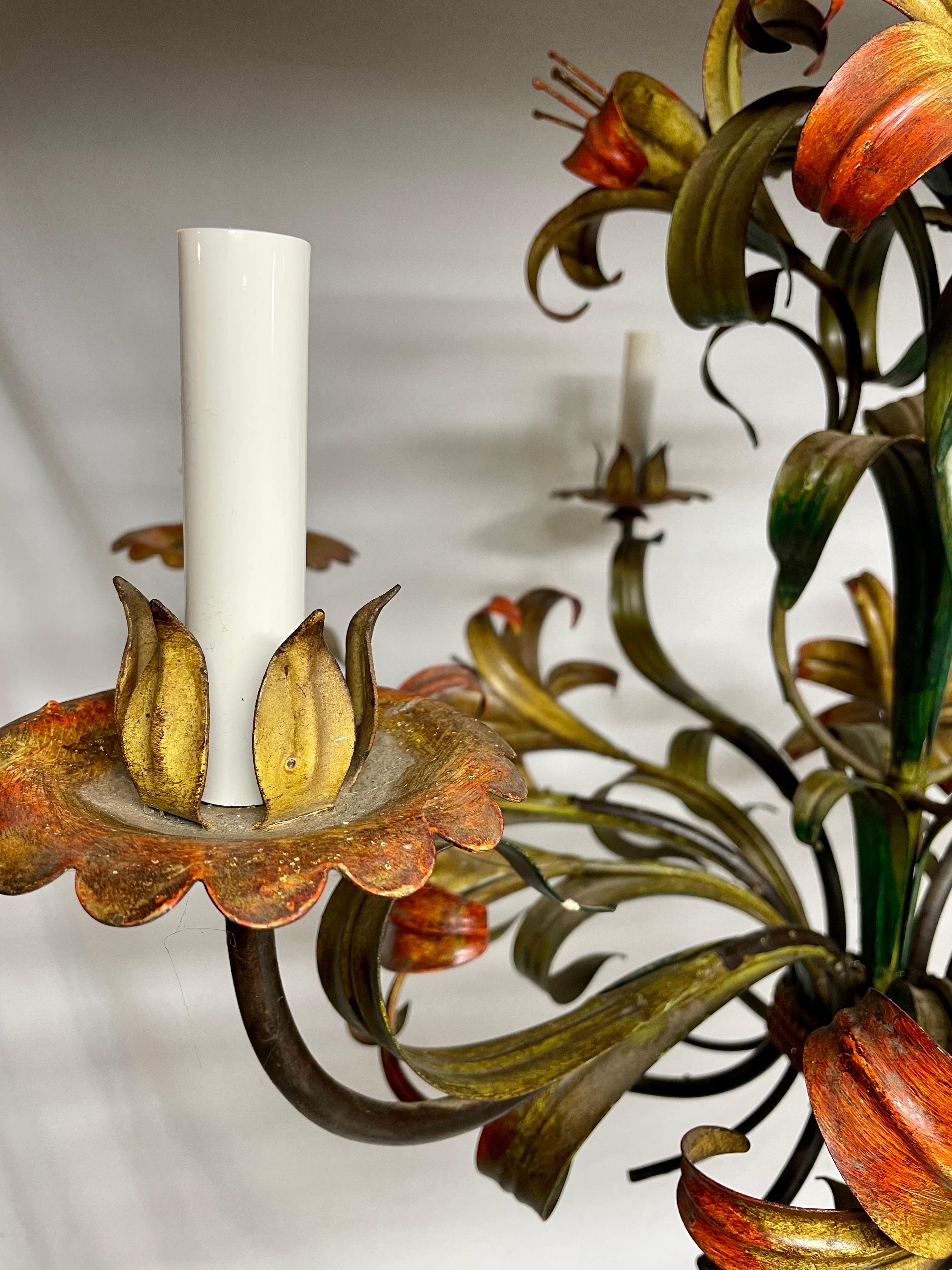 Italian Tole Floral Six Arm Chandelier with Lilies For Sale 2