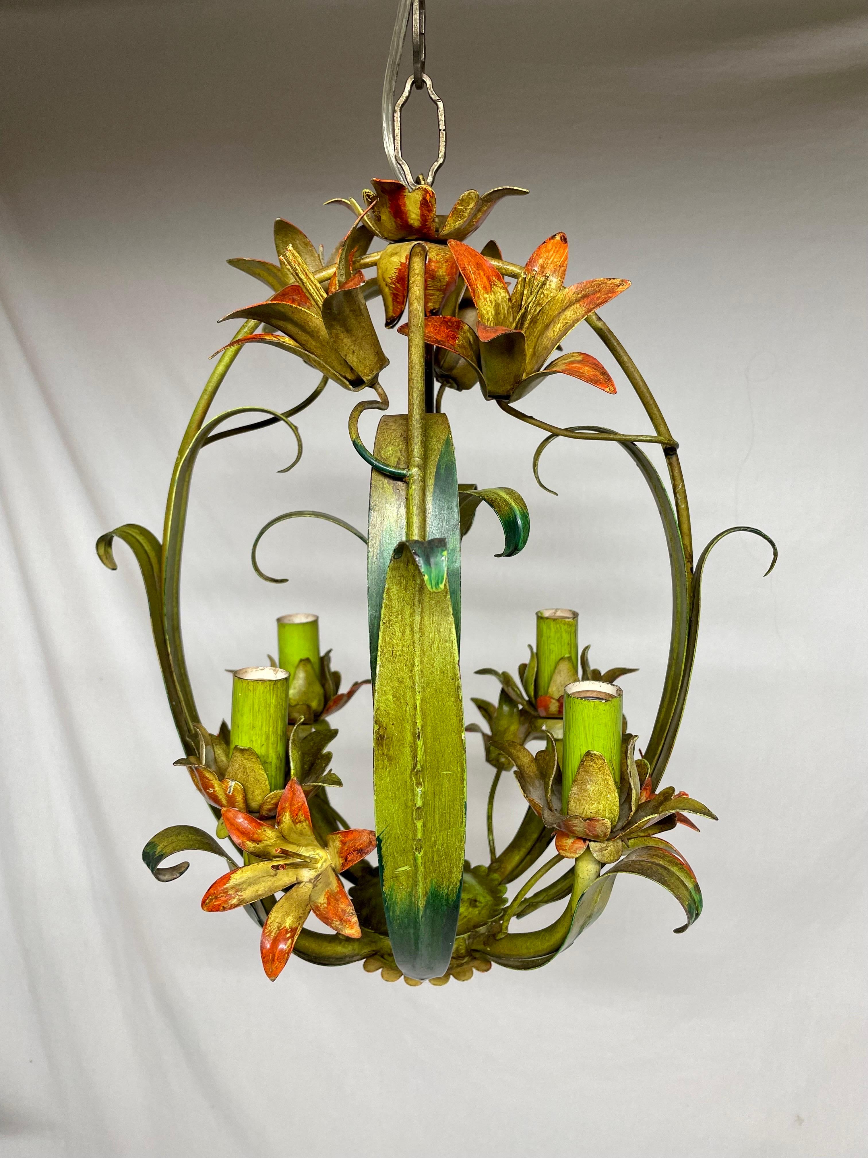Italian Tole Floral Tole Chandelier with Lilies For Sale 3
