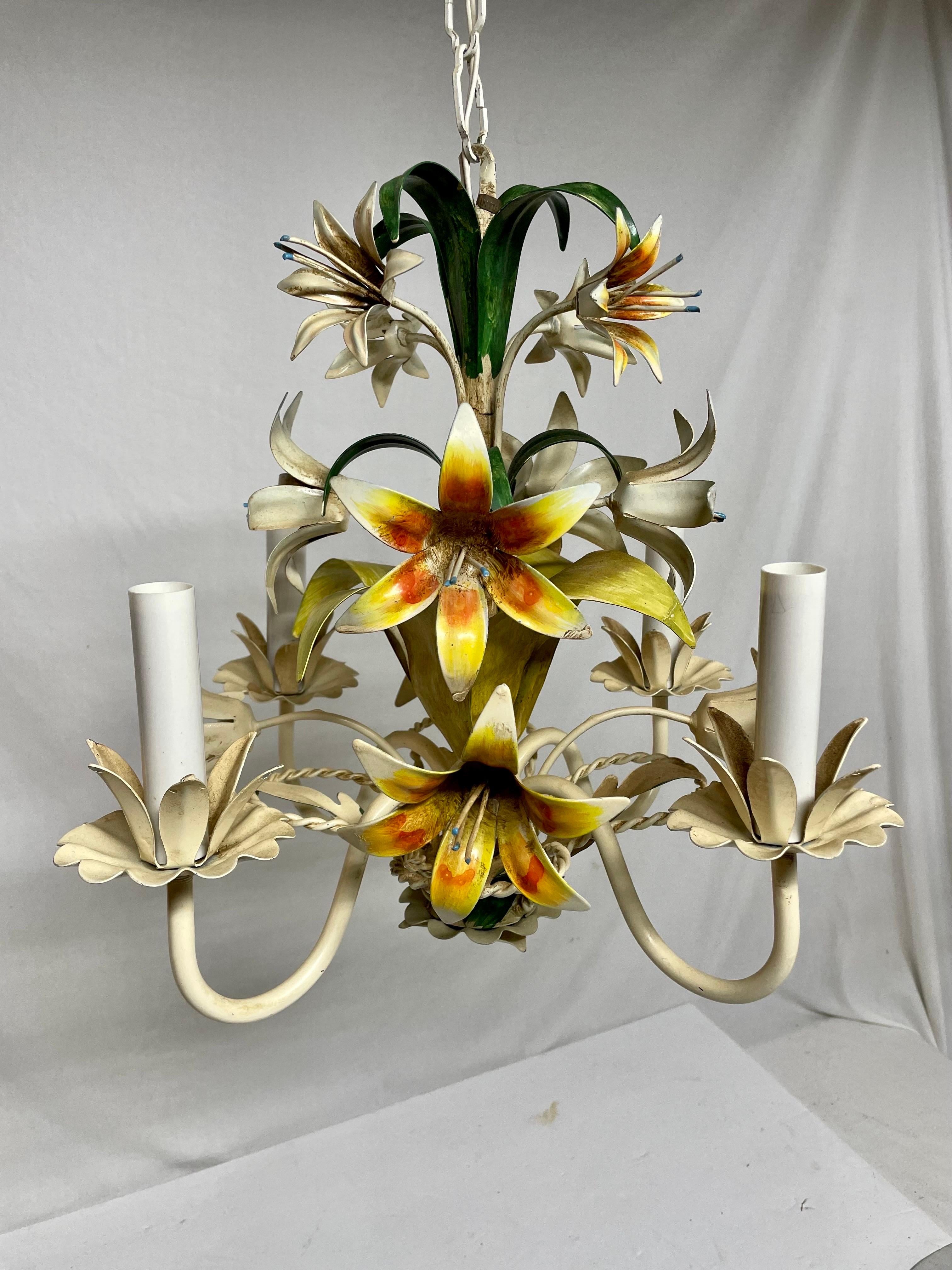 Hollywood Regency Italian Tole Floral Tole Chandelier with Lilies