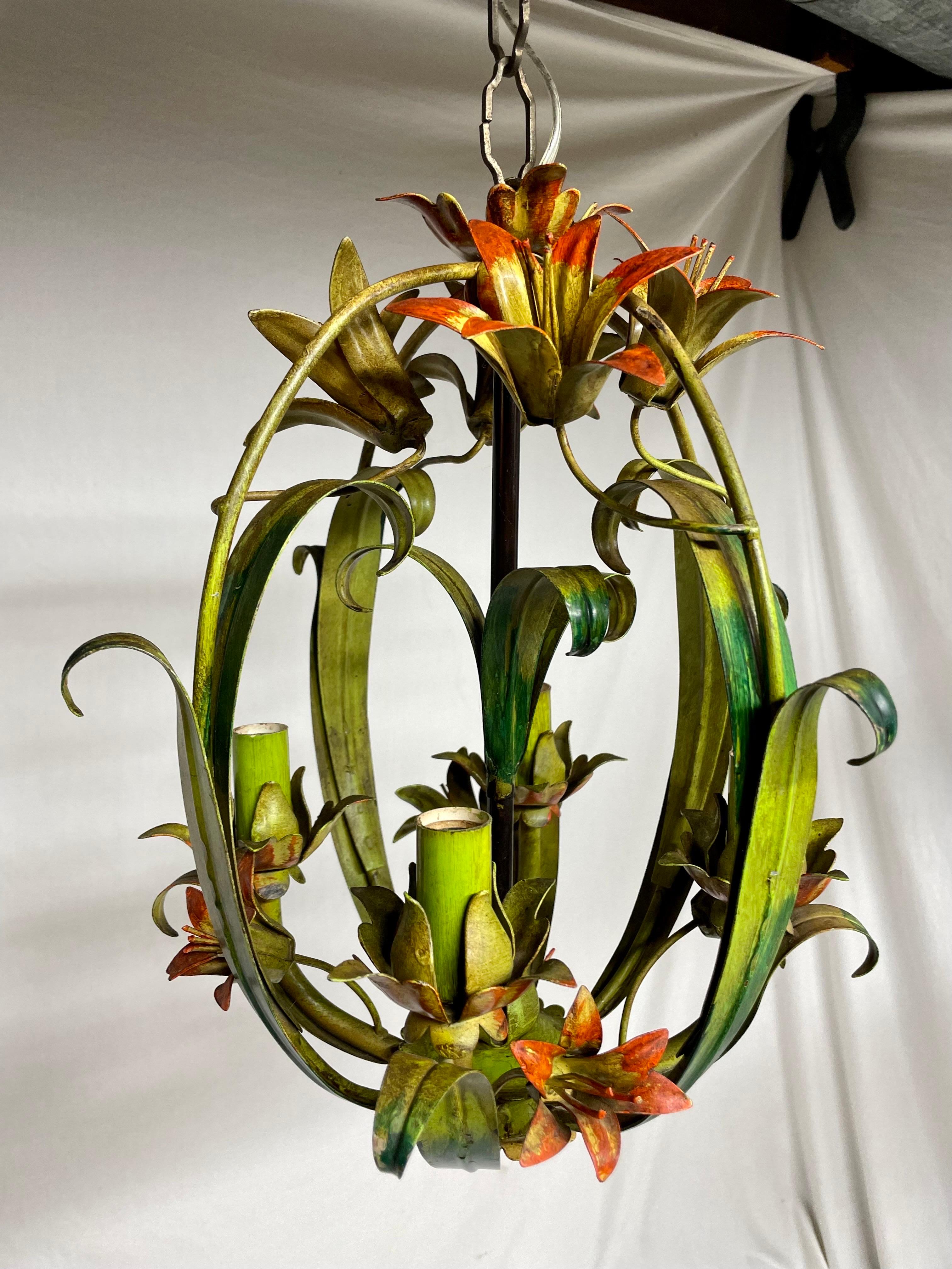 Hollywood Regency Italian Tole Floral Tole Chandelier with Lilies For Sale
