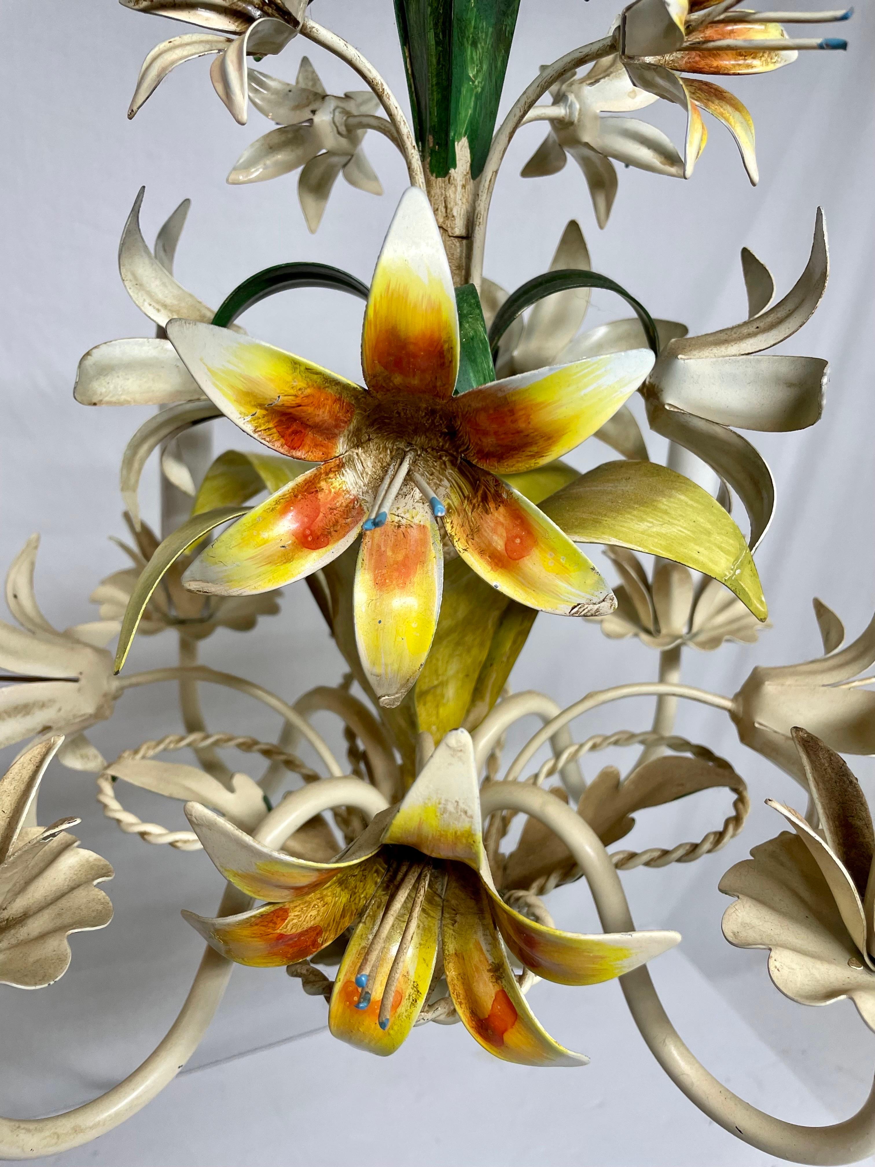 Hand-Painted Italian Tole Floral Tole Chandelier with Lilies