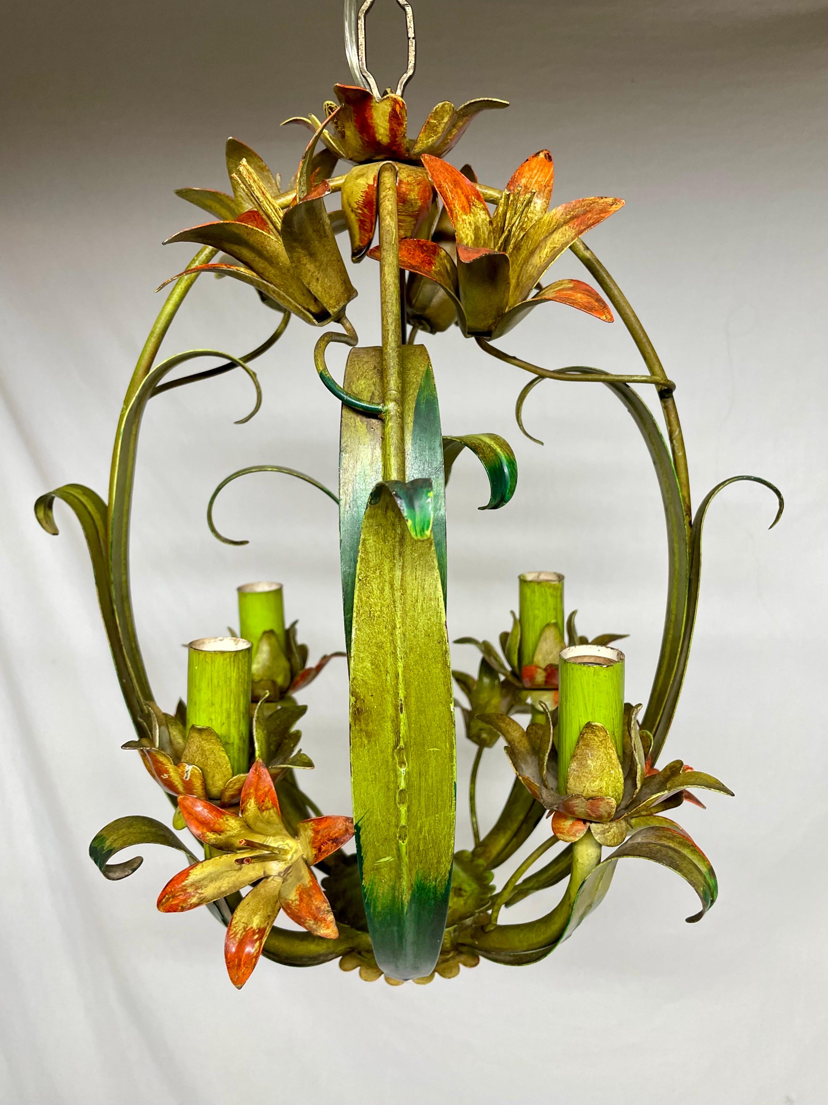 Hand-Painted Italian Tole Floral Tole Chandelier with Lilies For Sale