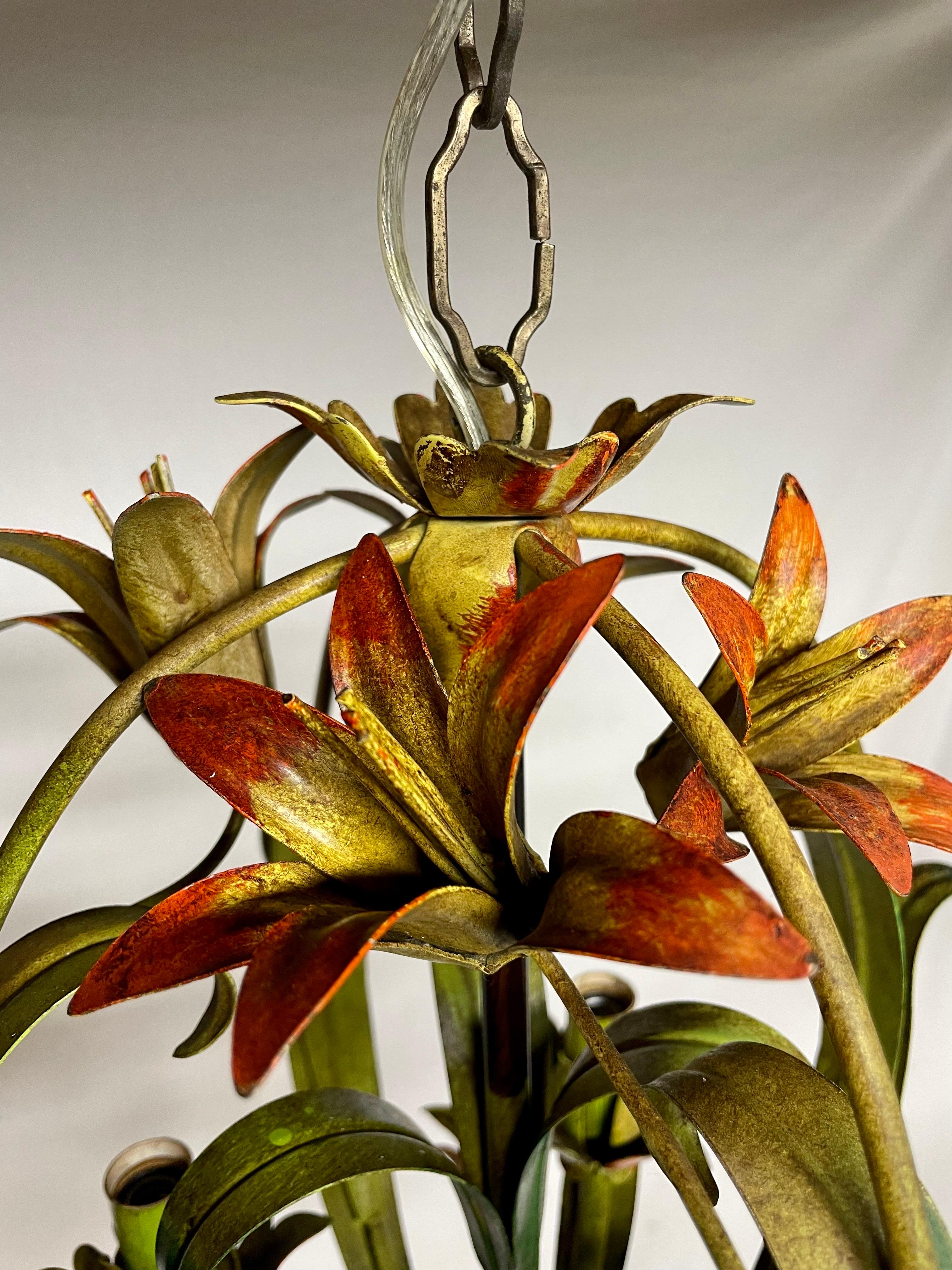 Italian Tole Floral Tole Chandelier with Lilies In Good Condition For Sale In New York, NY