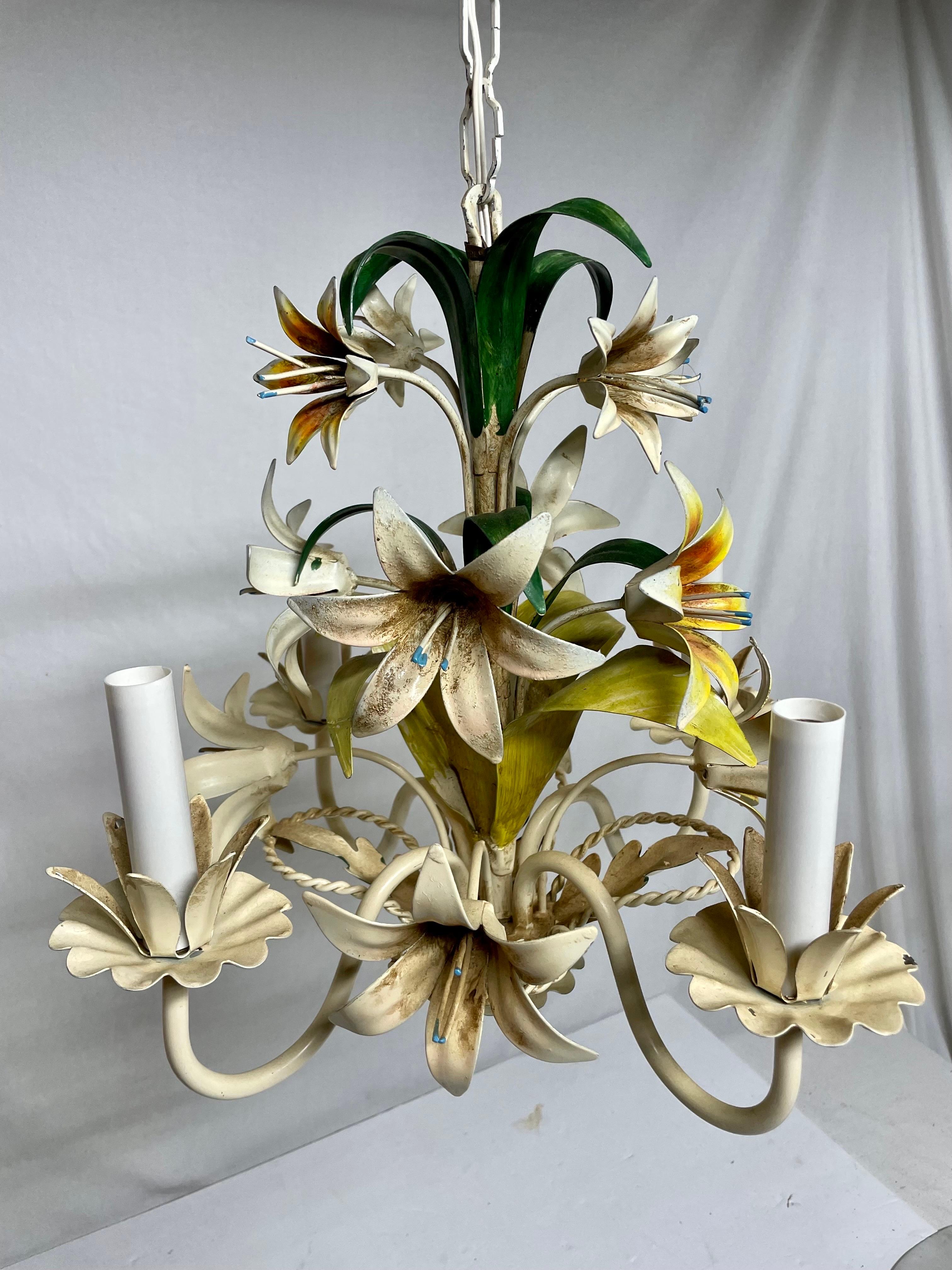 20th Century Italian Tole Floral Tole Chandelier with Lilies