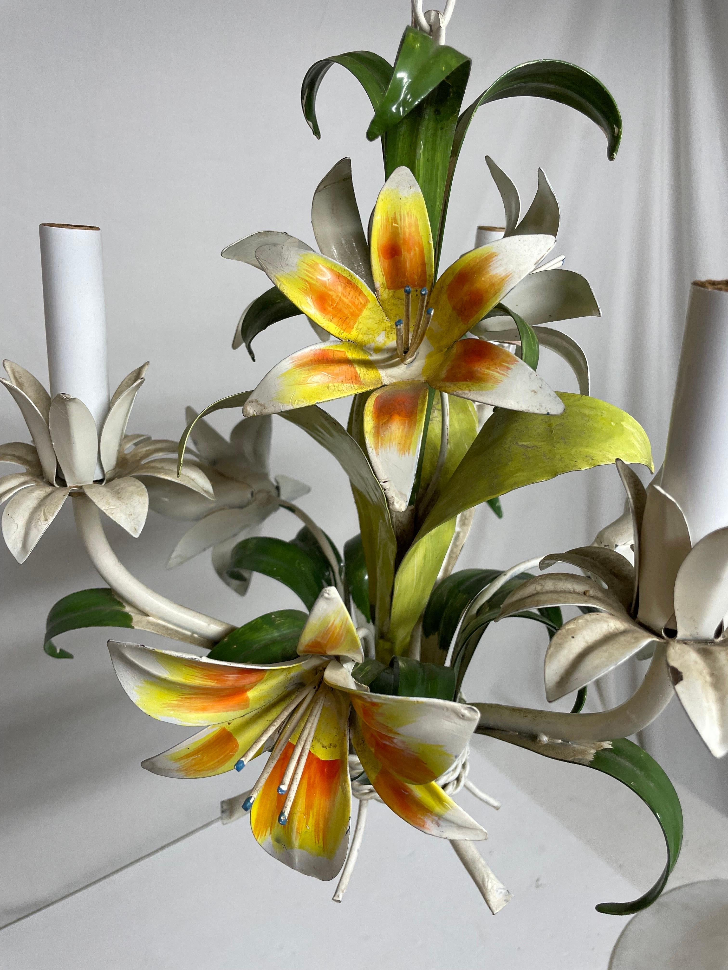 Hand-Painted Italian Tole Floral Tole Chandelier with Lilies