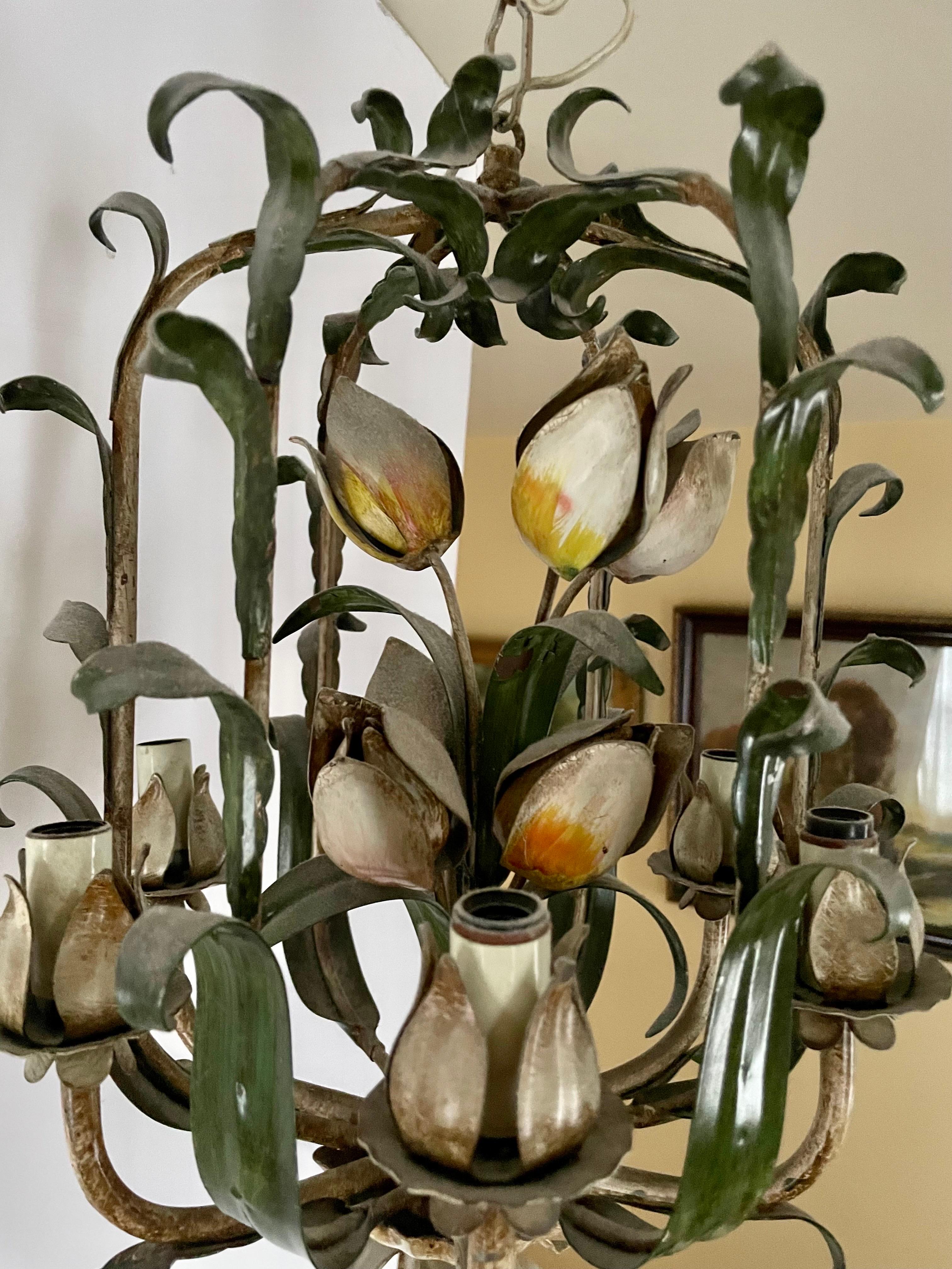 Vintage Italian Tole Floral Tulip Bouquet Chandelier 2