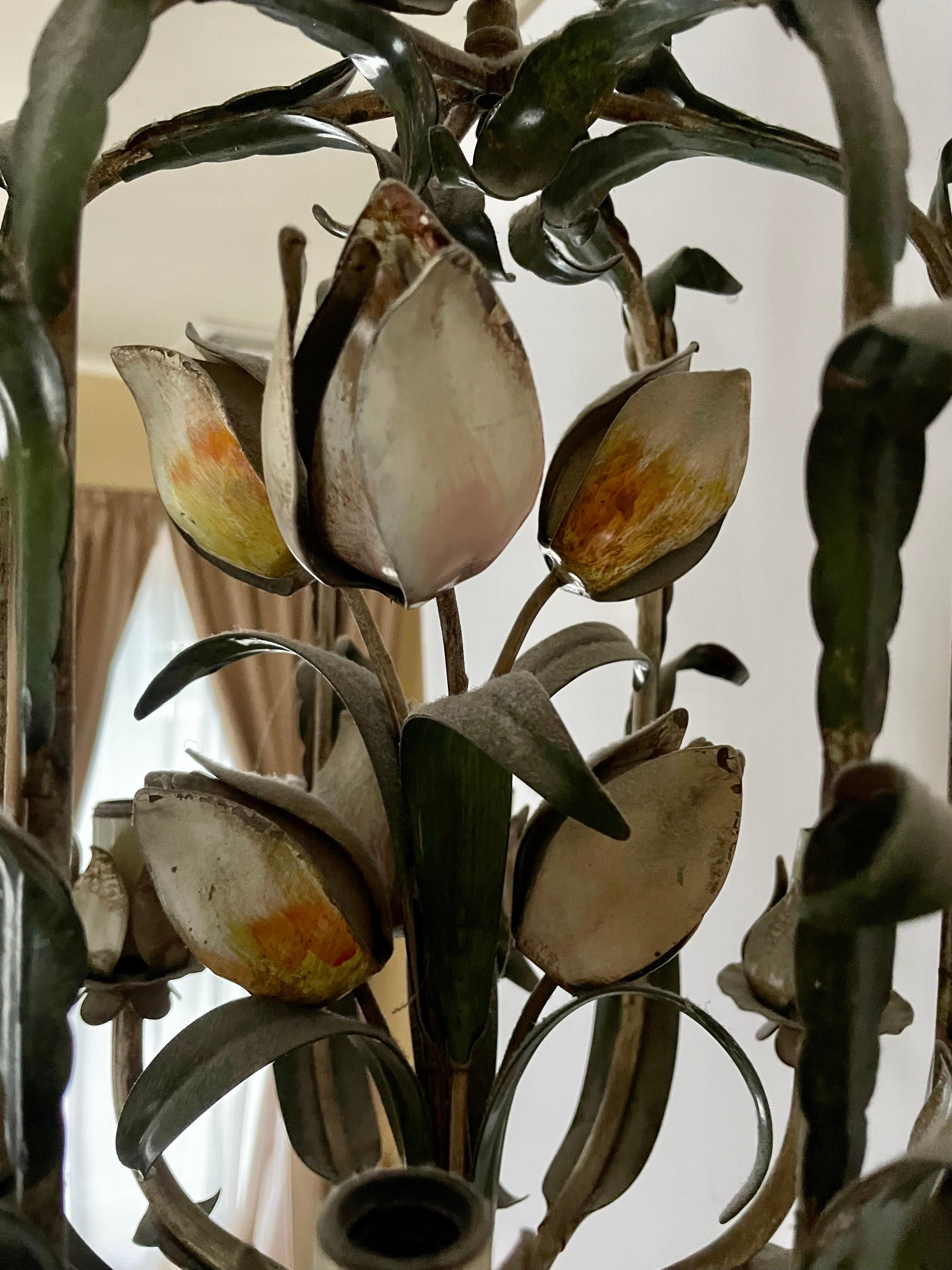 Vintage Italian Tole Floral Tulip Bouquet Chandelier 6