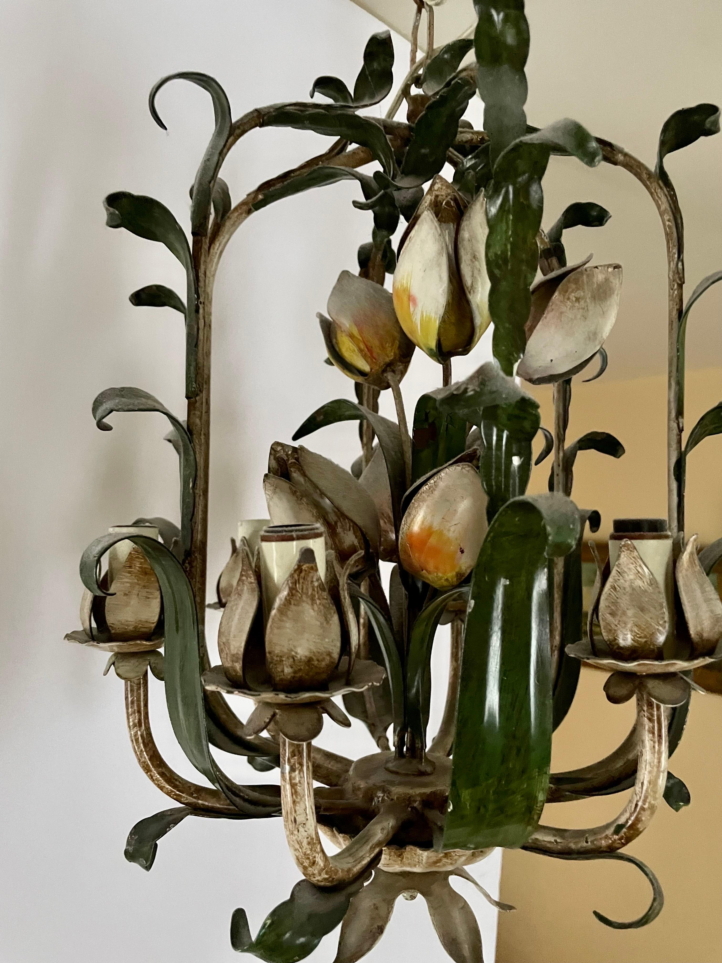 Hand-Painted Vintage Italian Tole Floral Tulip Bouquet Chandelier