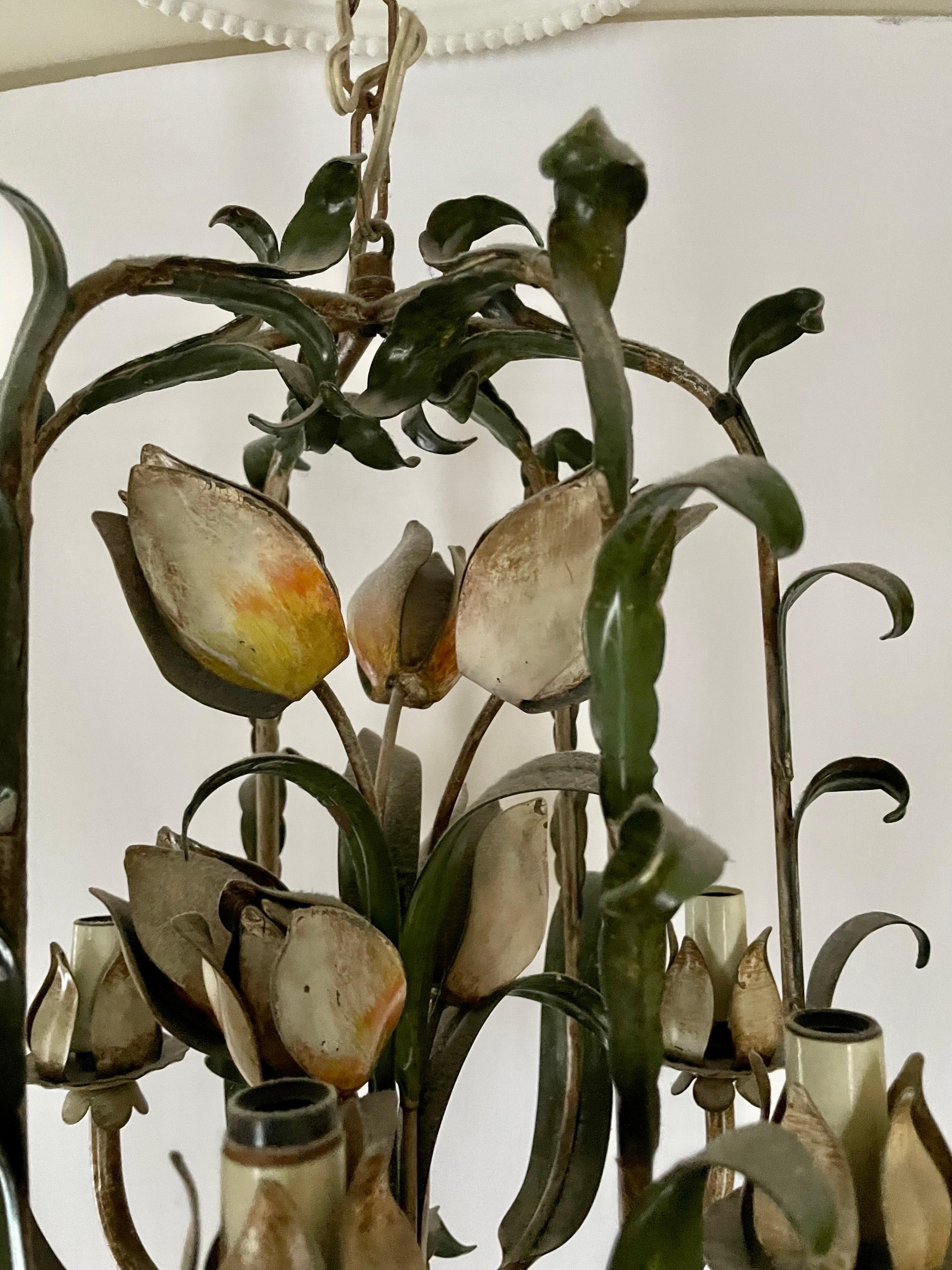20th Century Vintage Italian Tole Floral Tulip Bouquet Chandelier
