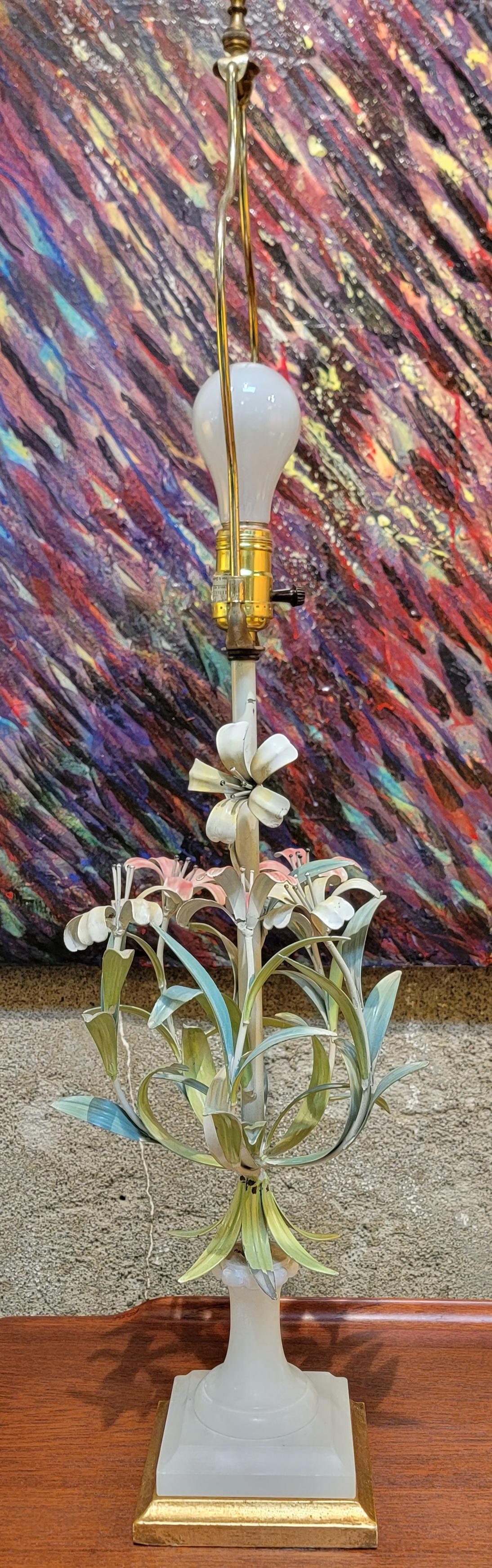 20th Century Italian Tole Flower Metal & Alabaster Table Lamp For Sale