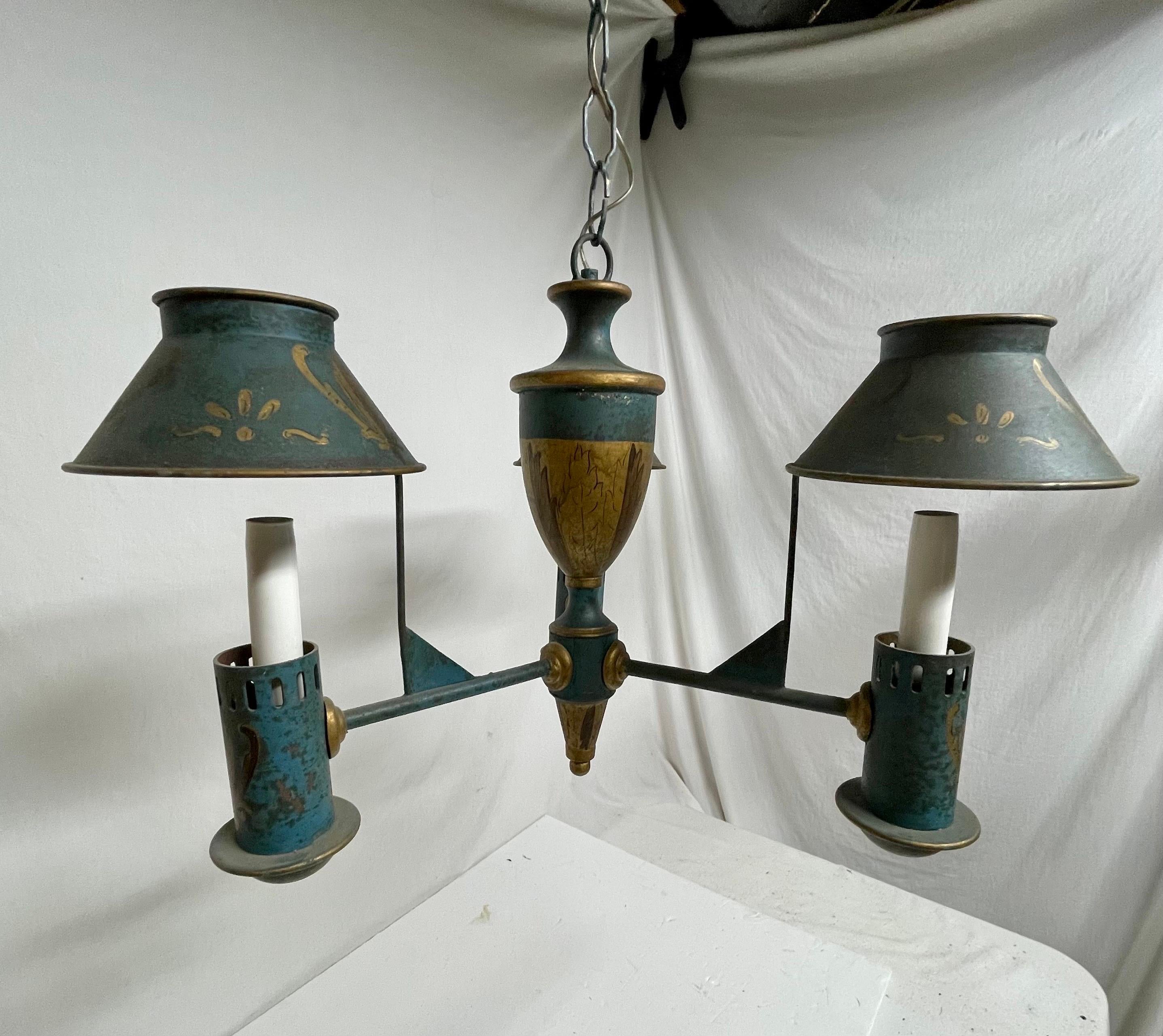 Italian Tole Hand Painted Three Light Chandelier For Sale 9