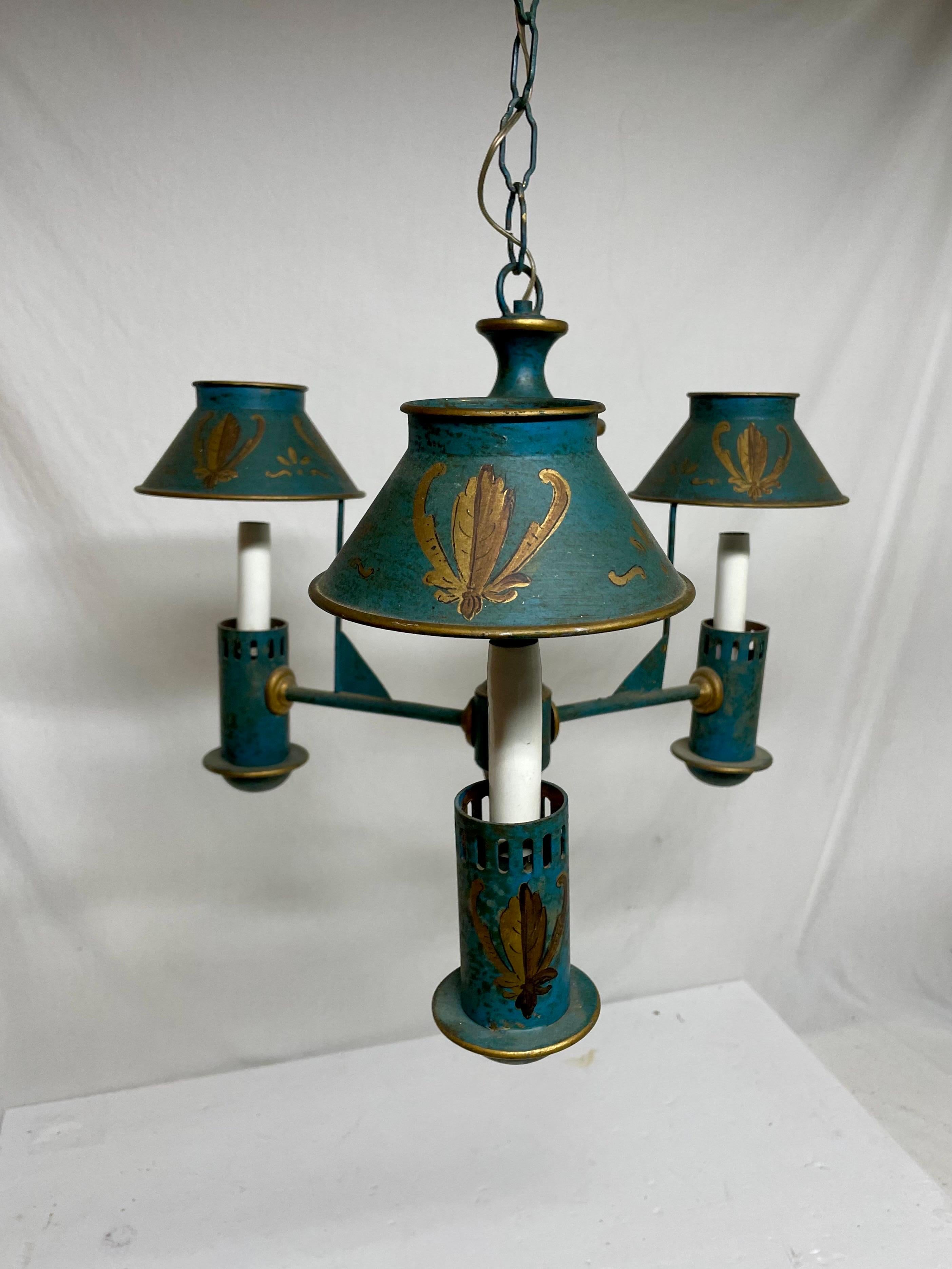 Italian Tole Hand Painted Three Light Chandelier For Sale 13