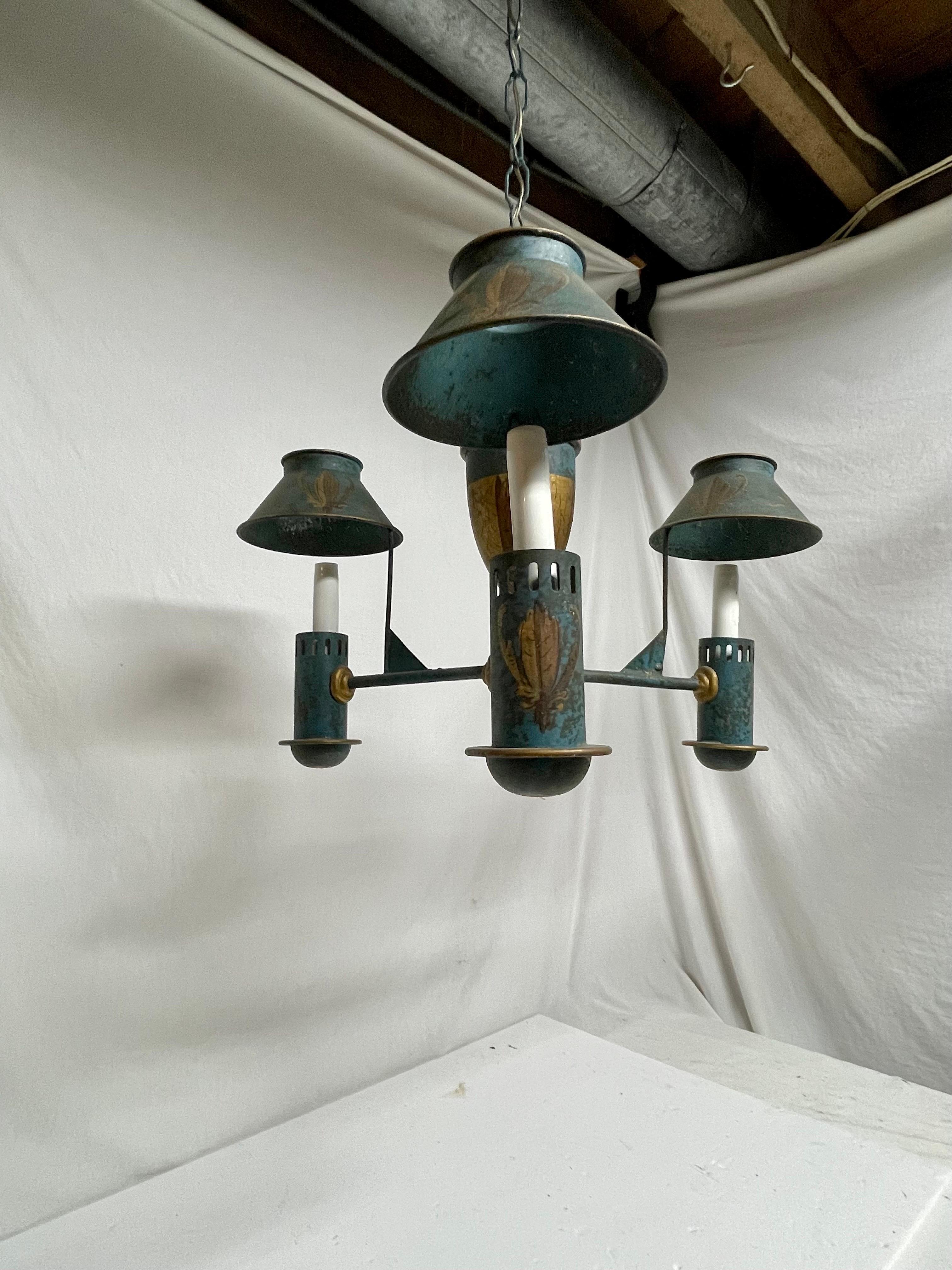 Directoire Italian Tole Hand Painted Three Light Chandelier For Sale