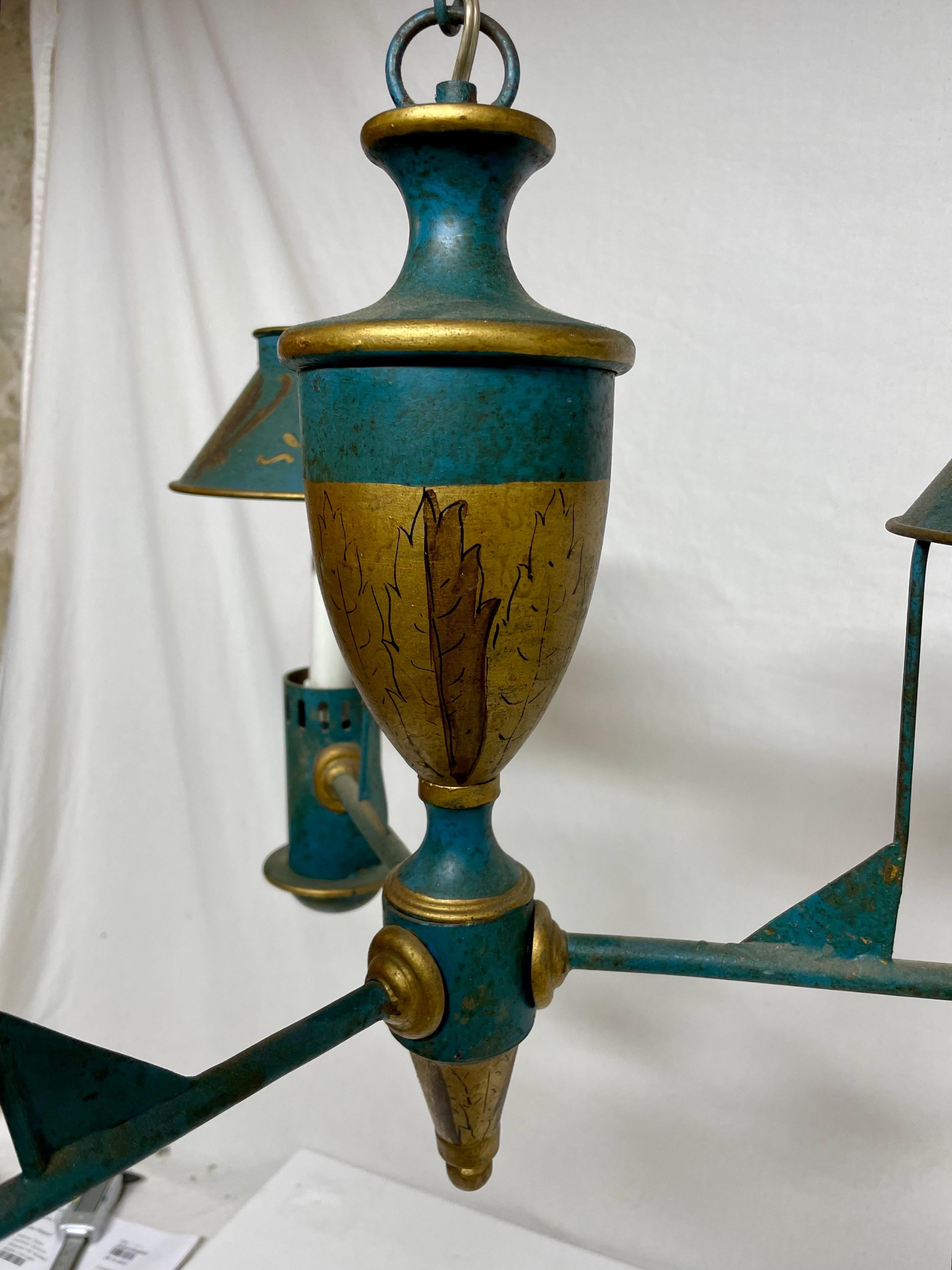 Hand-Painted Italian Tole Hand Painted Three Light Chandelier For Sale