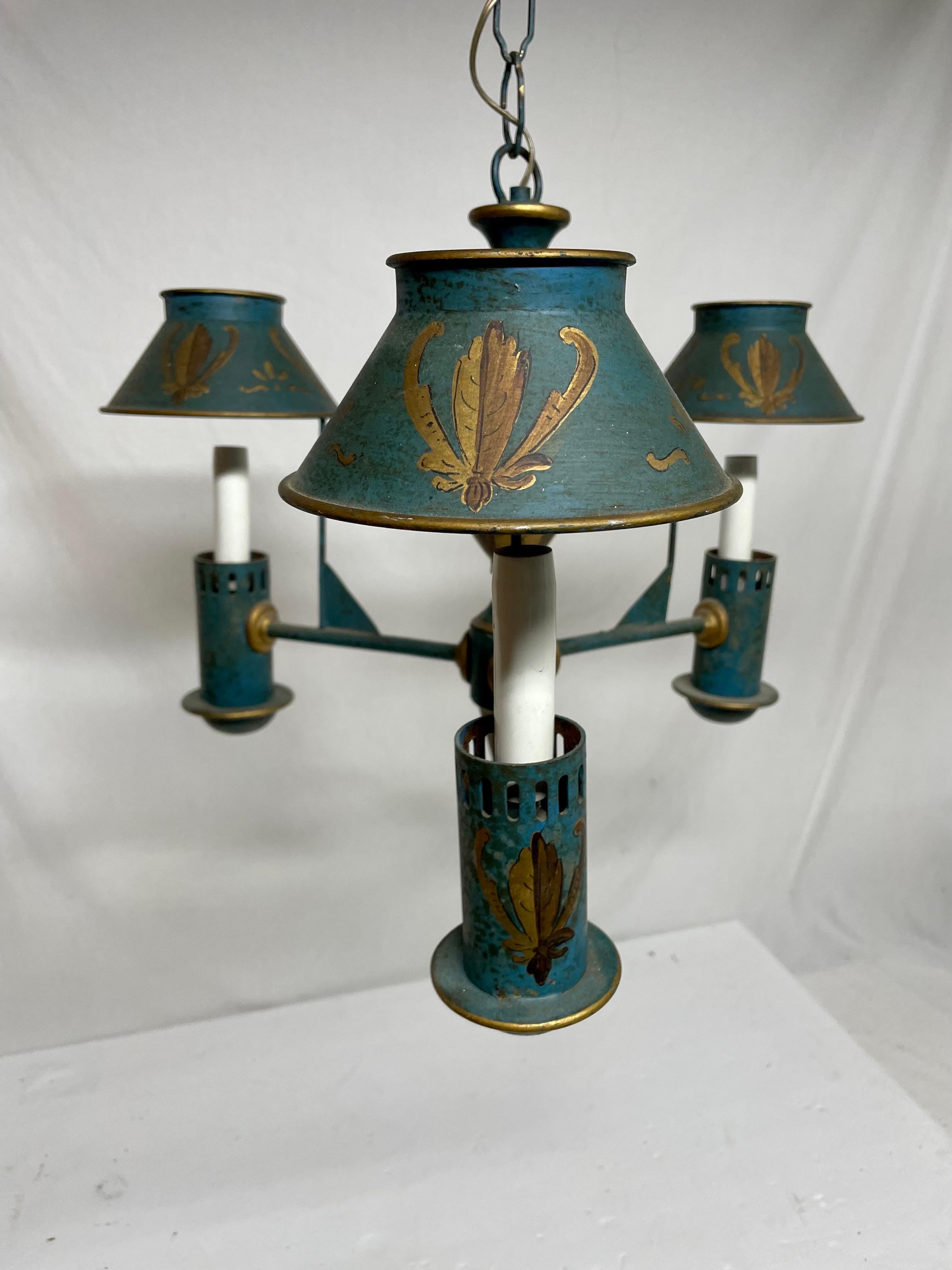 Italian Tole Hand Painted Three Light Chandelier For Sale 1