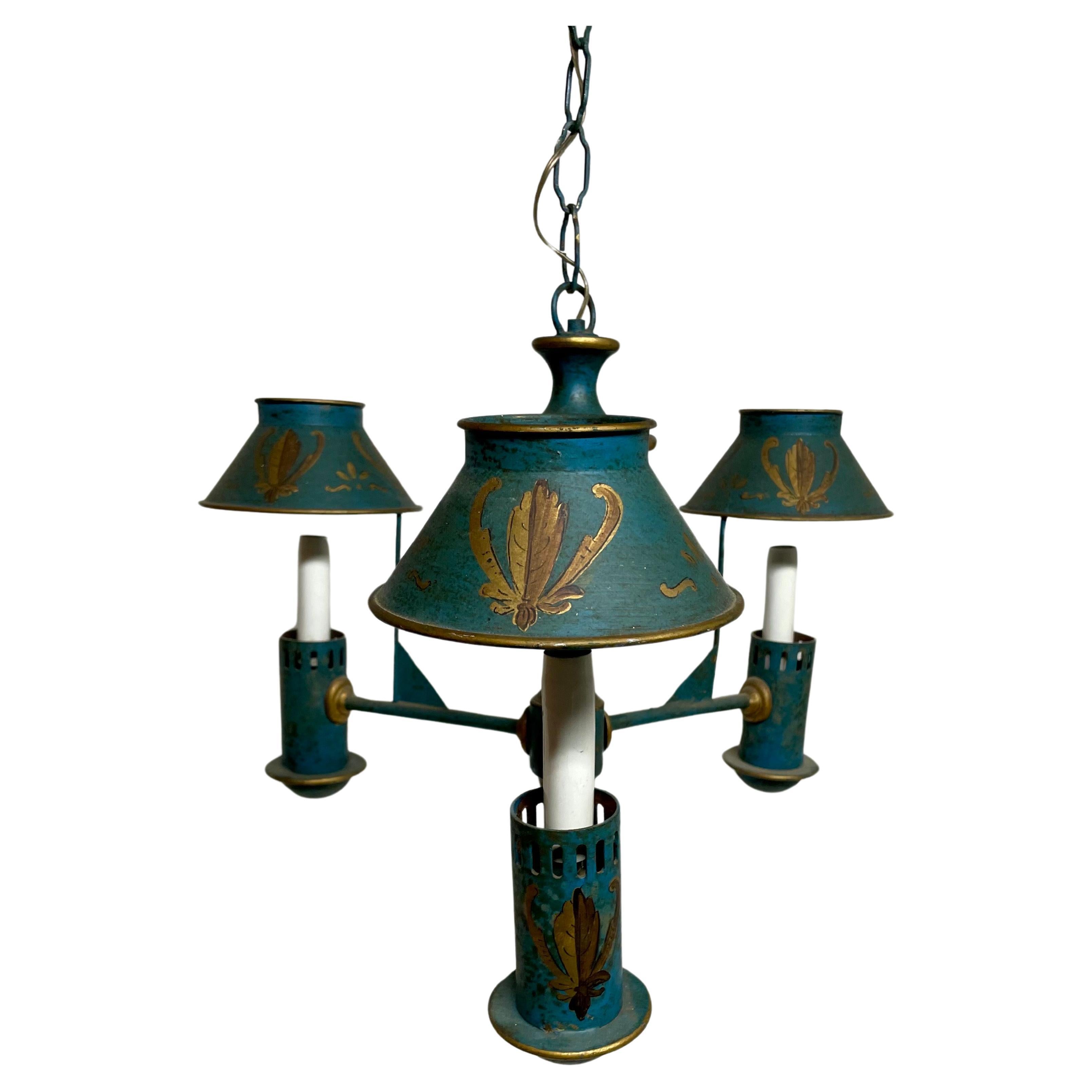 Italian Tole Hand Painted Three Light Chandelier For Sale