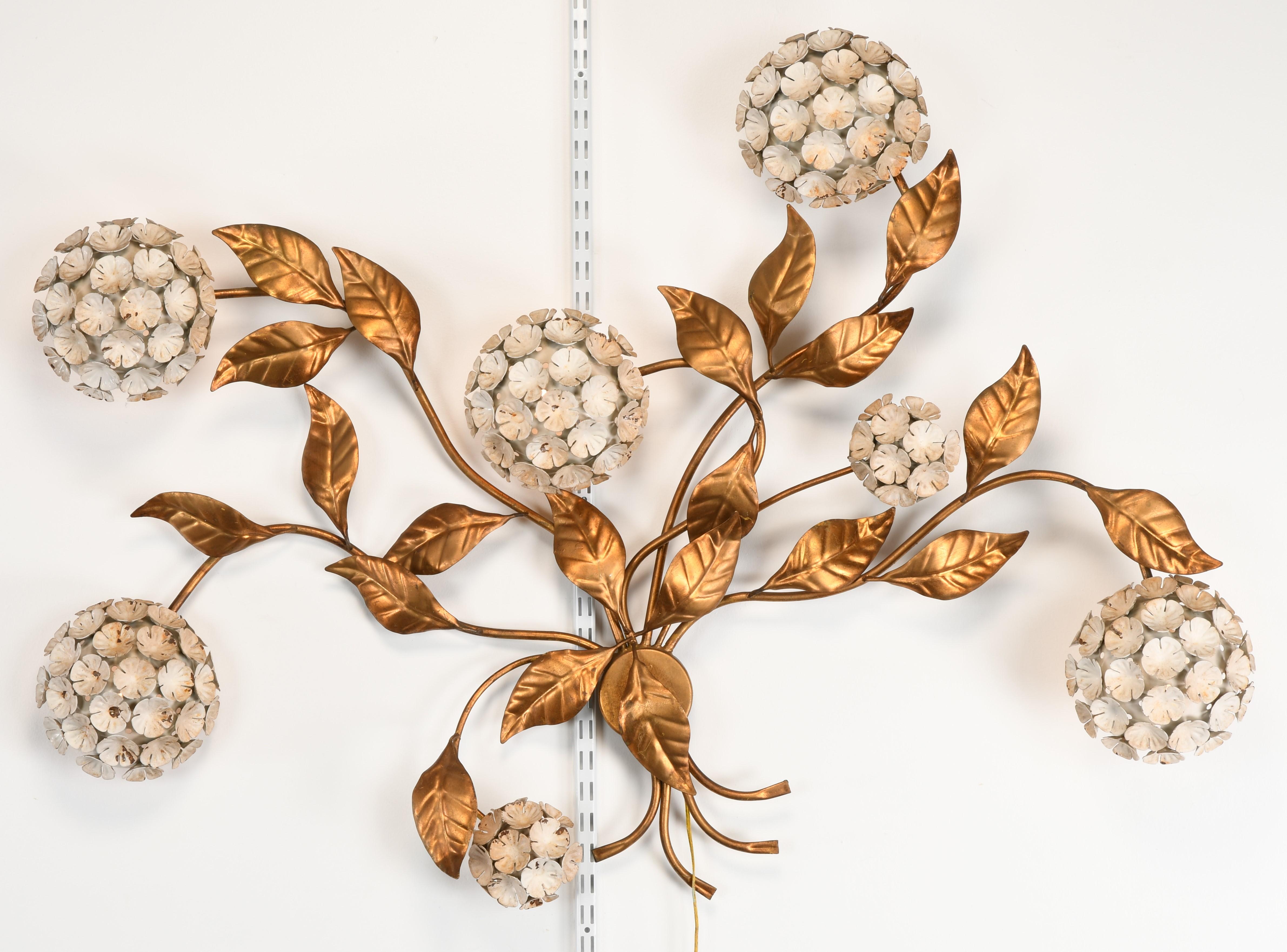Hollywood Regency Italian Tole Hydrangea Wall Sculpture, 1950s