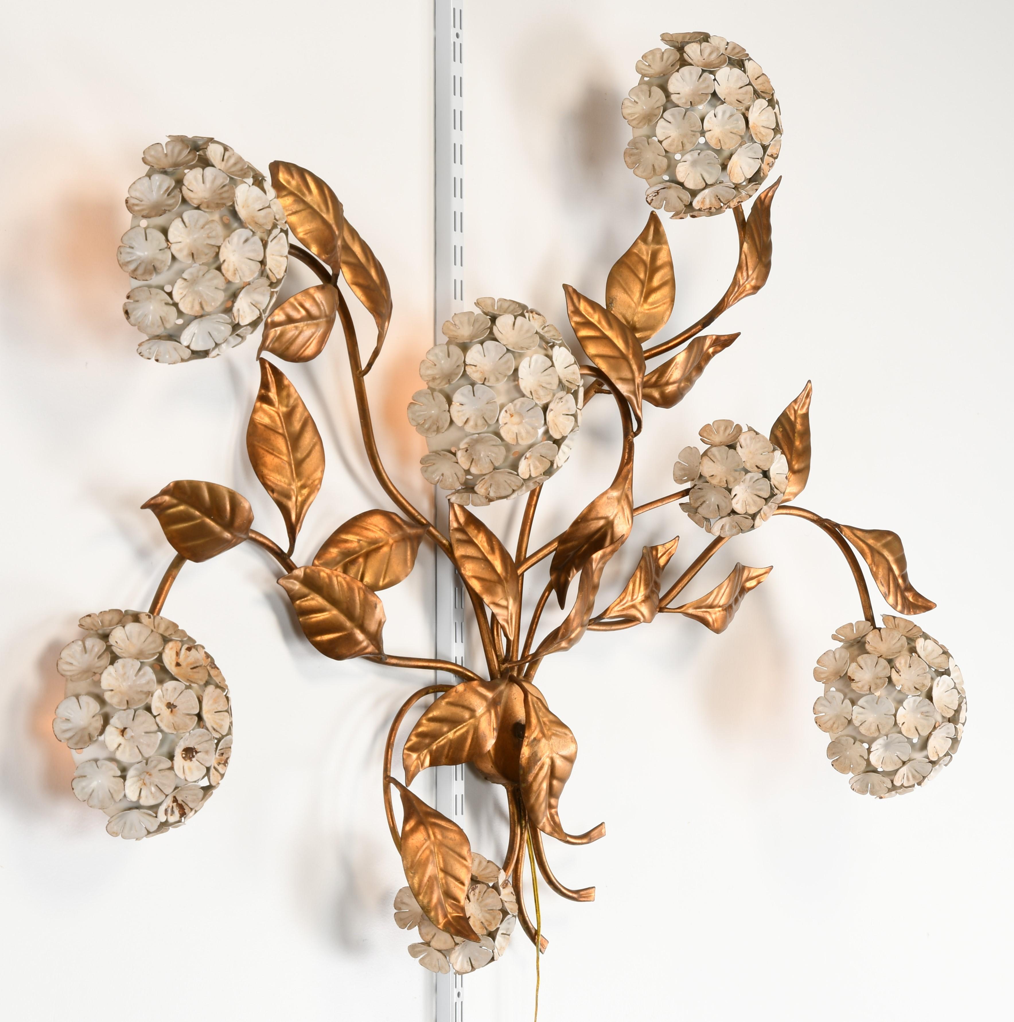 Painted Italian Tole Hydrangea Wall Sculpture, 1950s