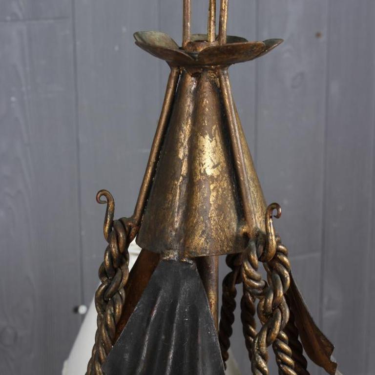 Neoclassical Italian Tole Iron 6 Light Gilt Chandelier Trompe L œil Swagged Black Accents