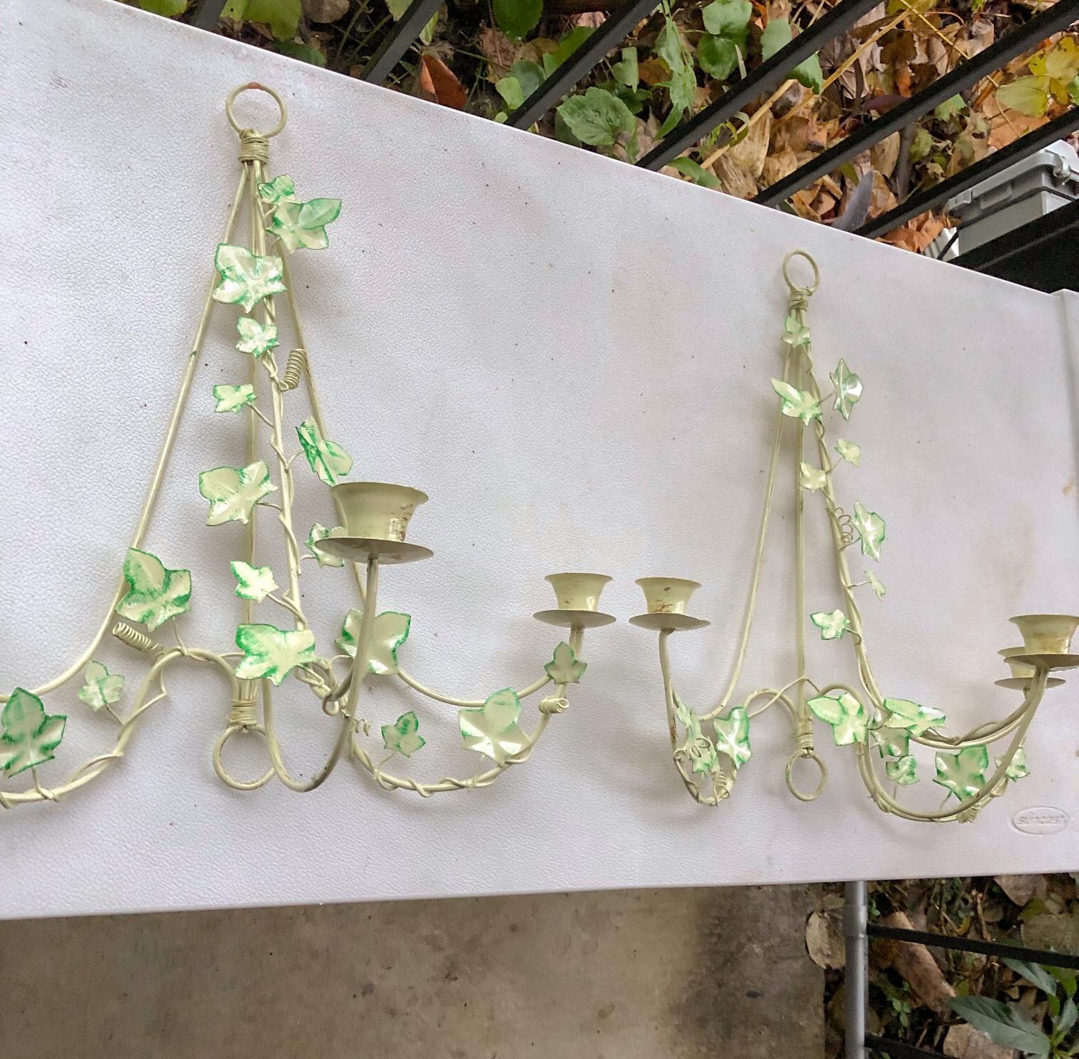 Hollywood Regency Italian Tole Ivy Sconces, Pair For Sale