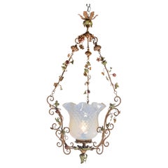 Italian Tole Lantern with Hand-Painted Floral Garland and Opaline Glass Shade