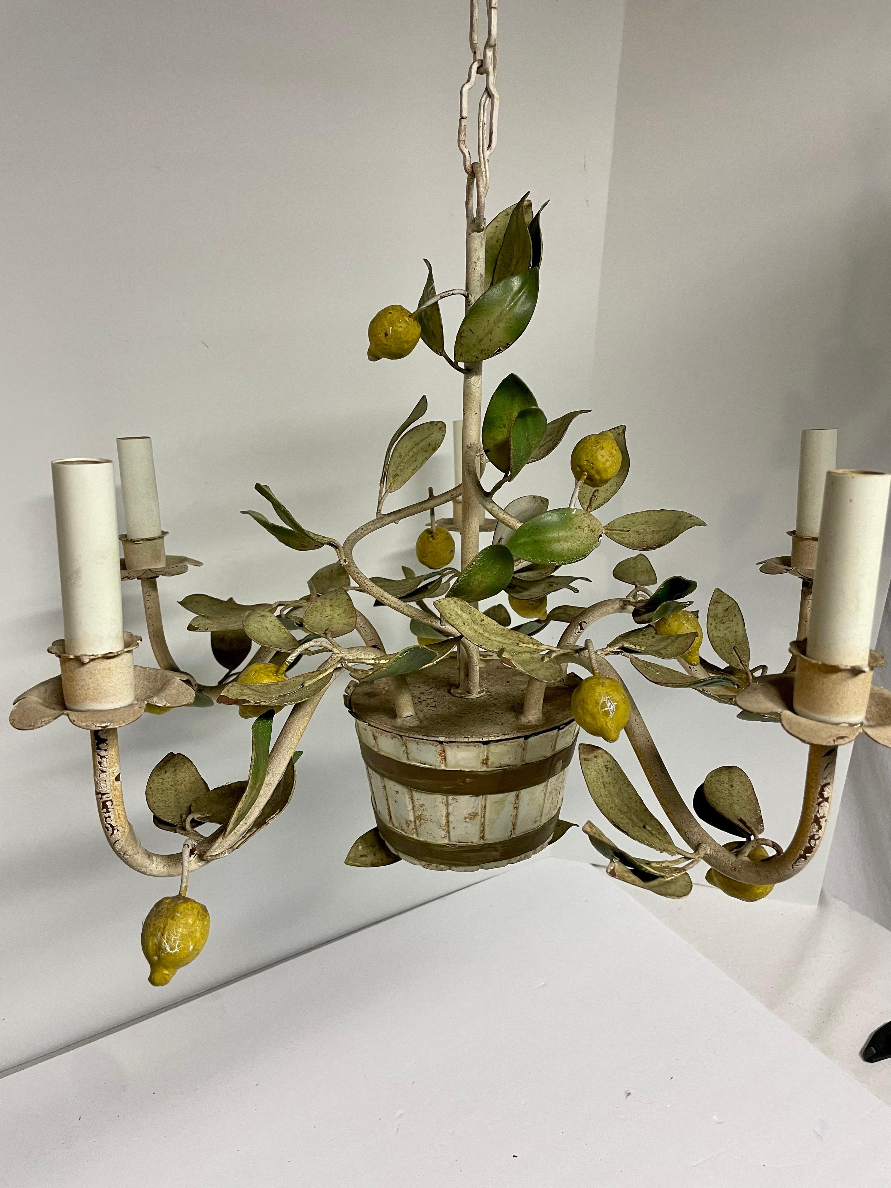 Italian tole lemon floral chandelier. Five arms. Ready to hang with original ceiling cap. Measures: 20