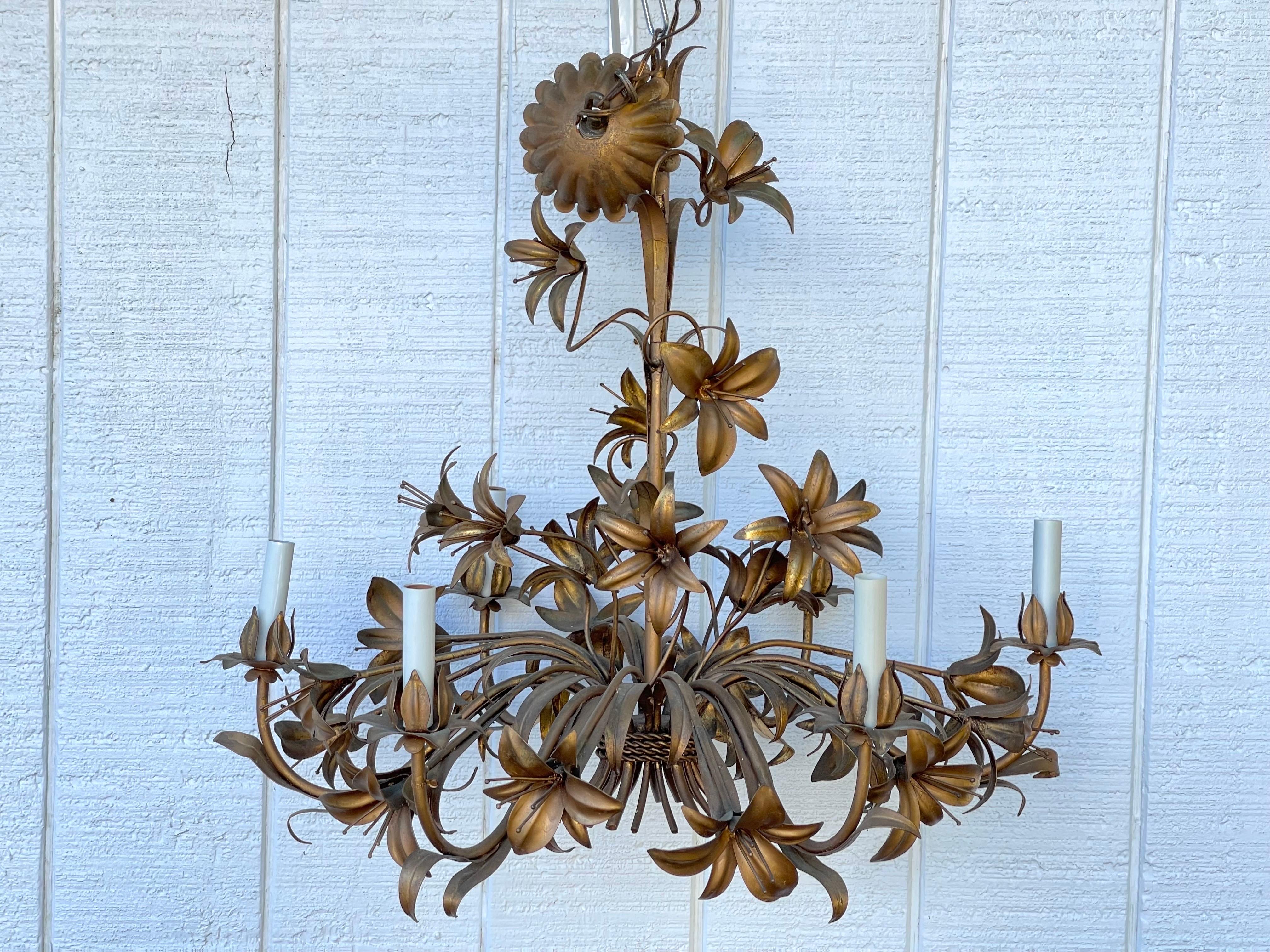Italian Tole Lilly Chandelier. Gorgeous sculptural chandelier. Stamped with metal made in Italy label.