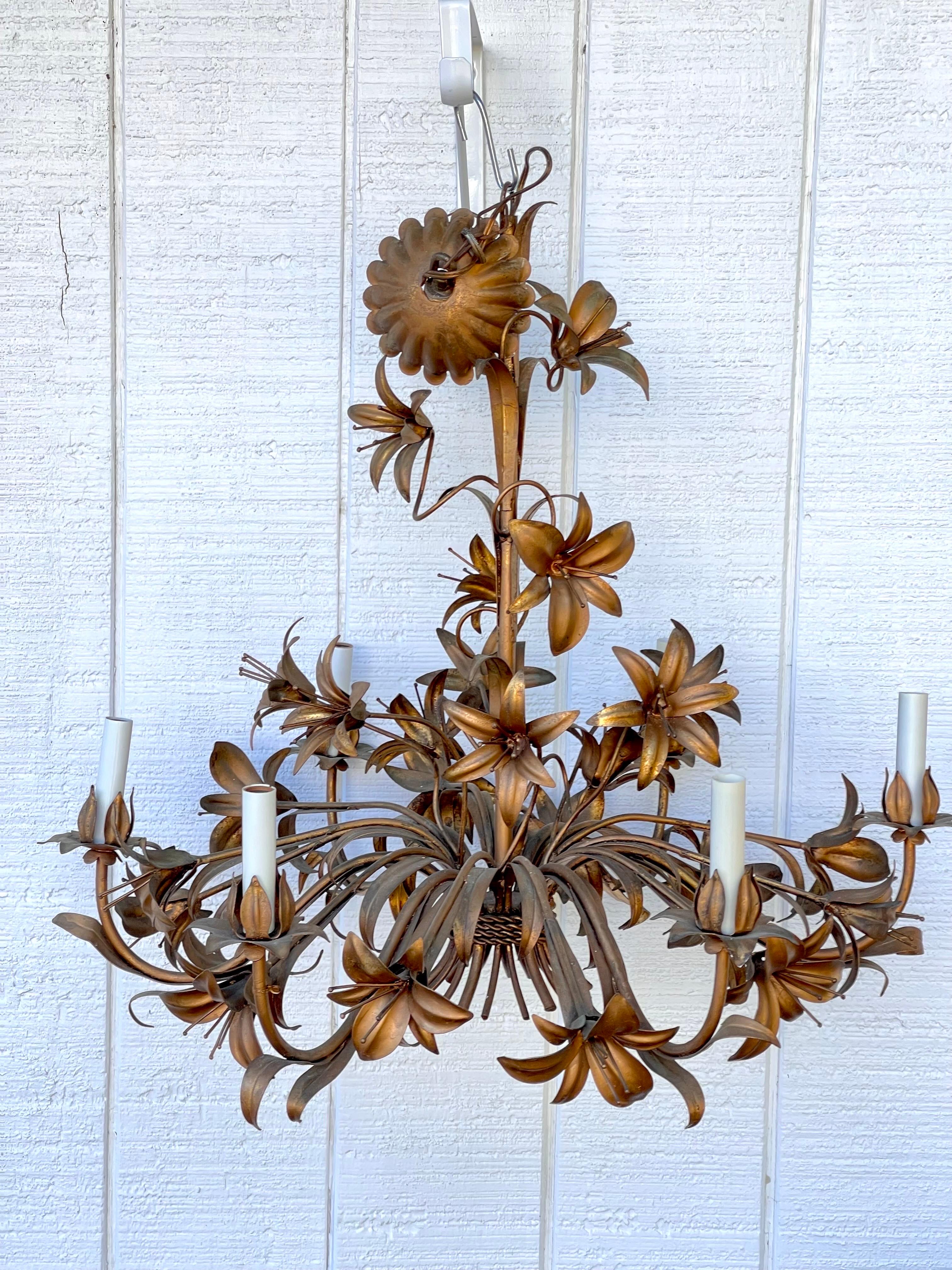 Gilt Italian Tole Lilly Chandelier  For Sale